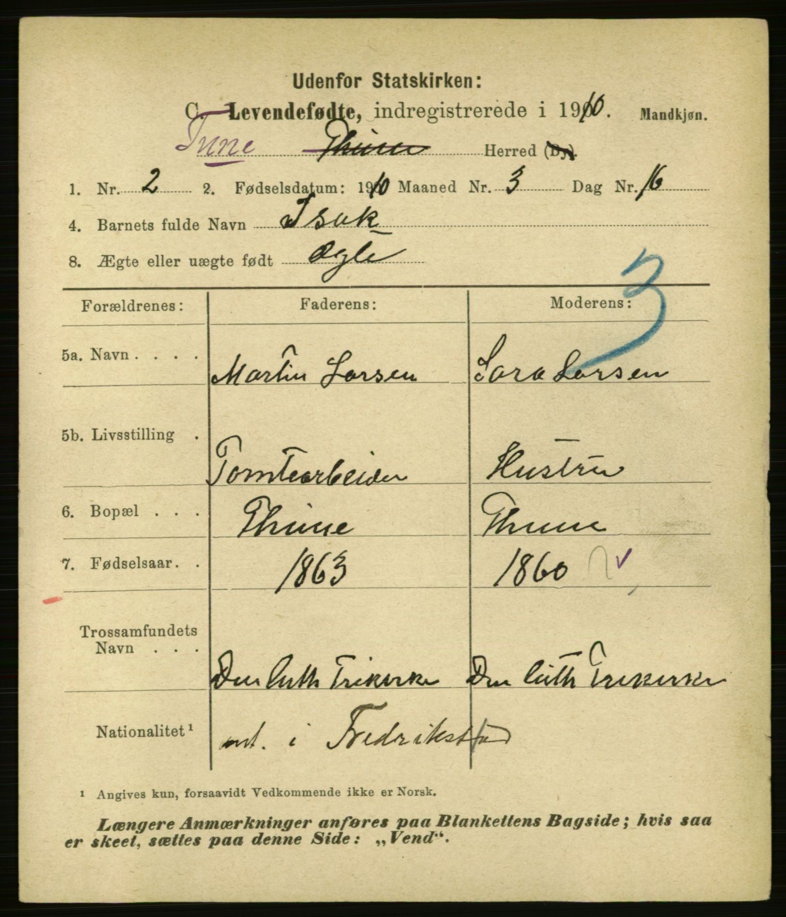 Statistisk sentralbyrå, Sosiodemografiske emner, Befolkning, AV/RA-S-2228/E/L0008: Fødte, gifte, døde dissentere., 1910, p. 5