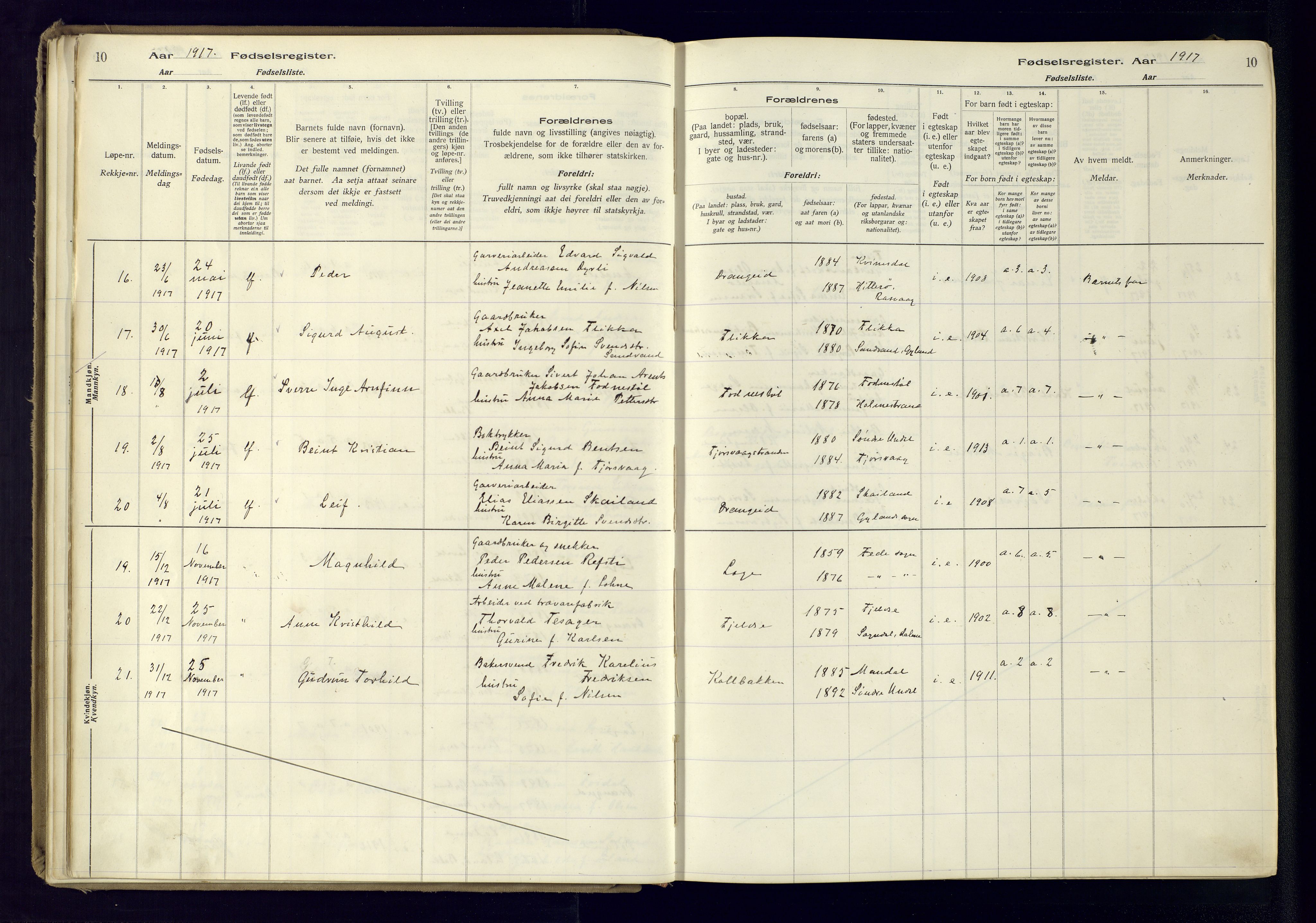 Flekkefjord sokneprestkontor, AV/SAK-1111-0012/J/Ja/L0005: Birth register no. 5, 1916-1950, p. 10