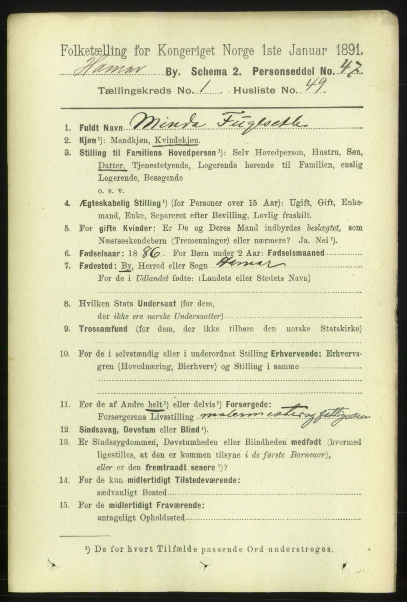 RA, 1891 census for 0401 Hamar, 1891, p. 857