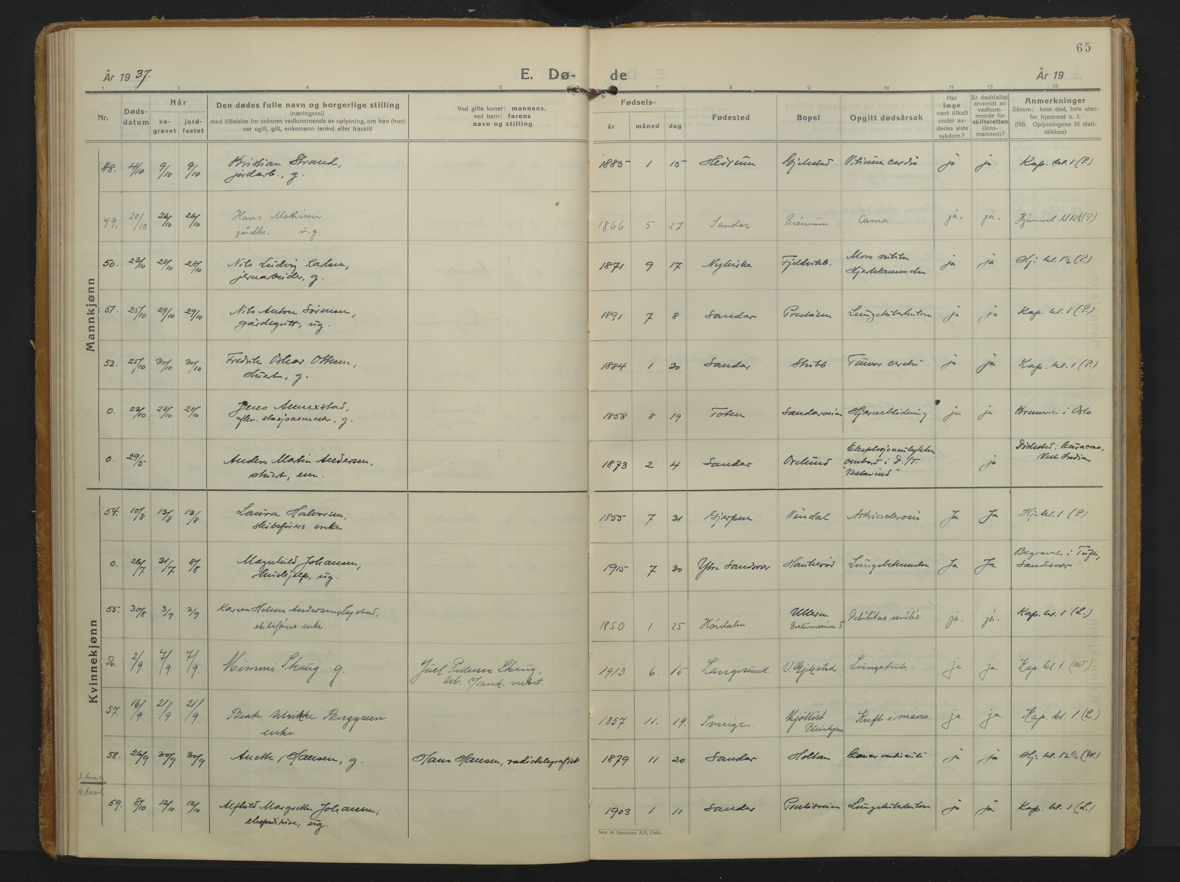 Sandar kirkebøker, AV/SAKO-A-243/F/Fa/L0026: Parish register (official) no. 26, 1932-1944, p. 65
