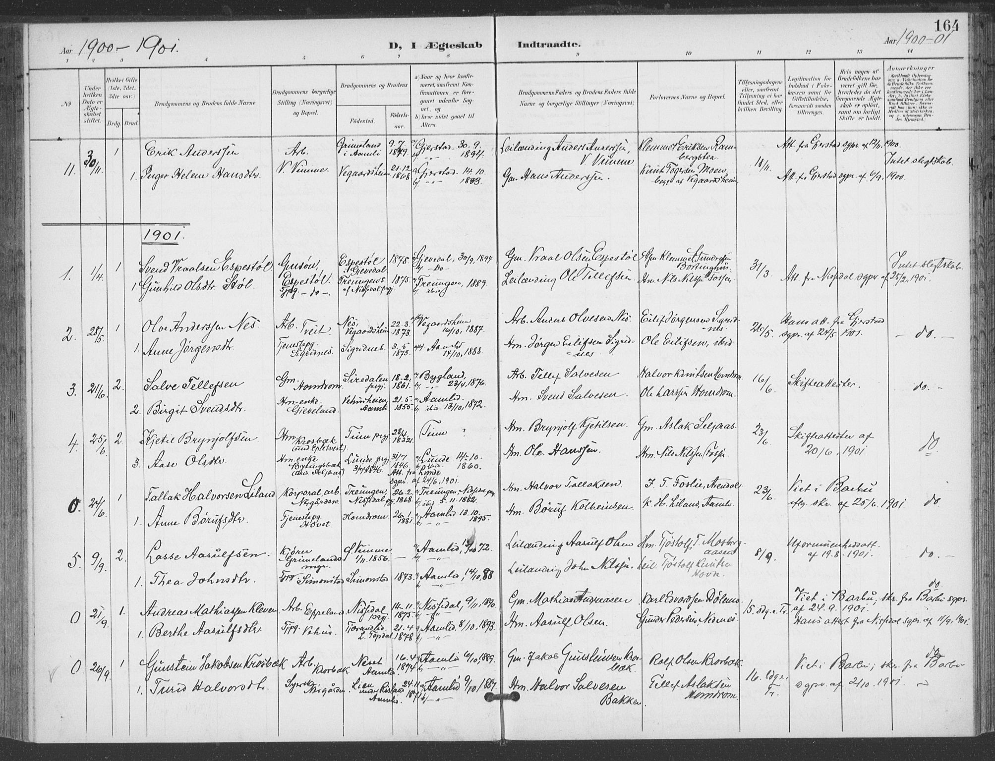 Åmli sokneprestkontor, AV/SAK-1111-0050/F/Fa/Fac/L0012: Parish register (official) no. A 12, 1900-1914, p. 164