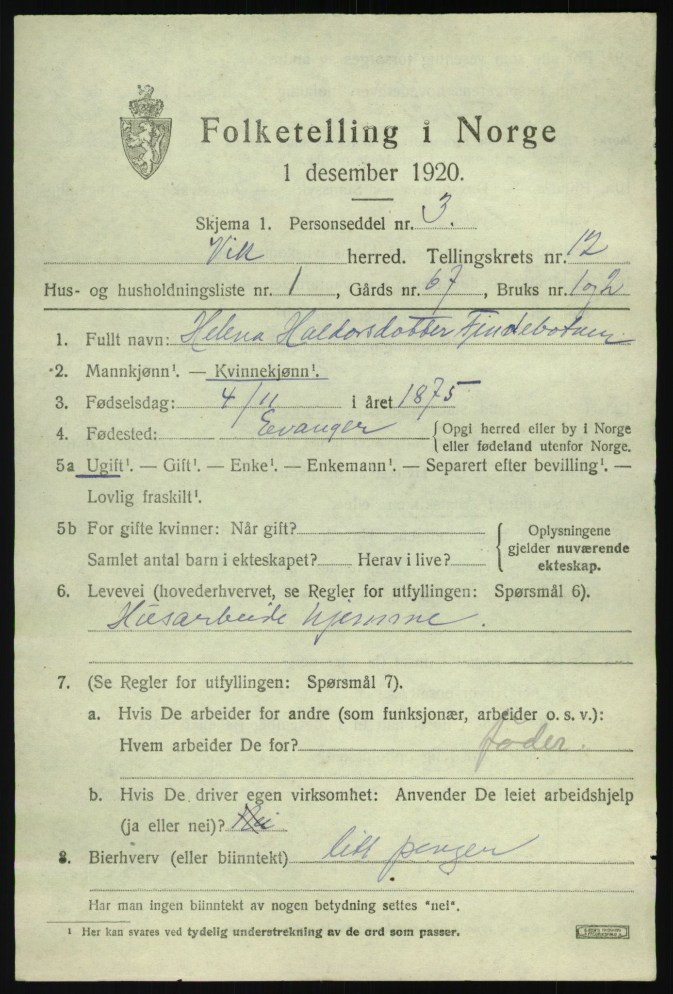 SAB, 1920 census for Vik, 1920, p. 6765