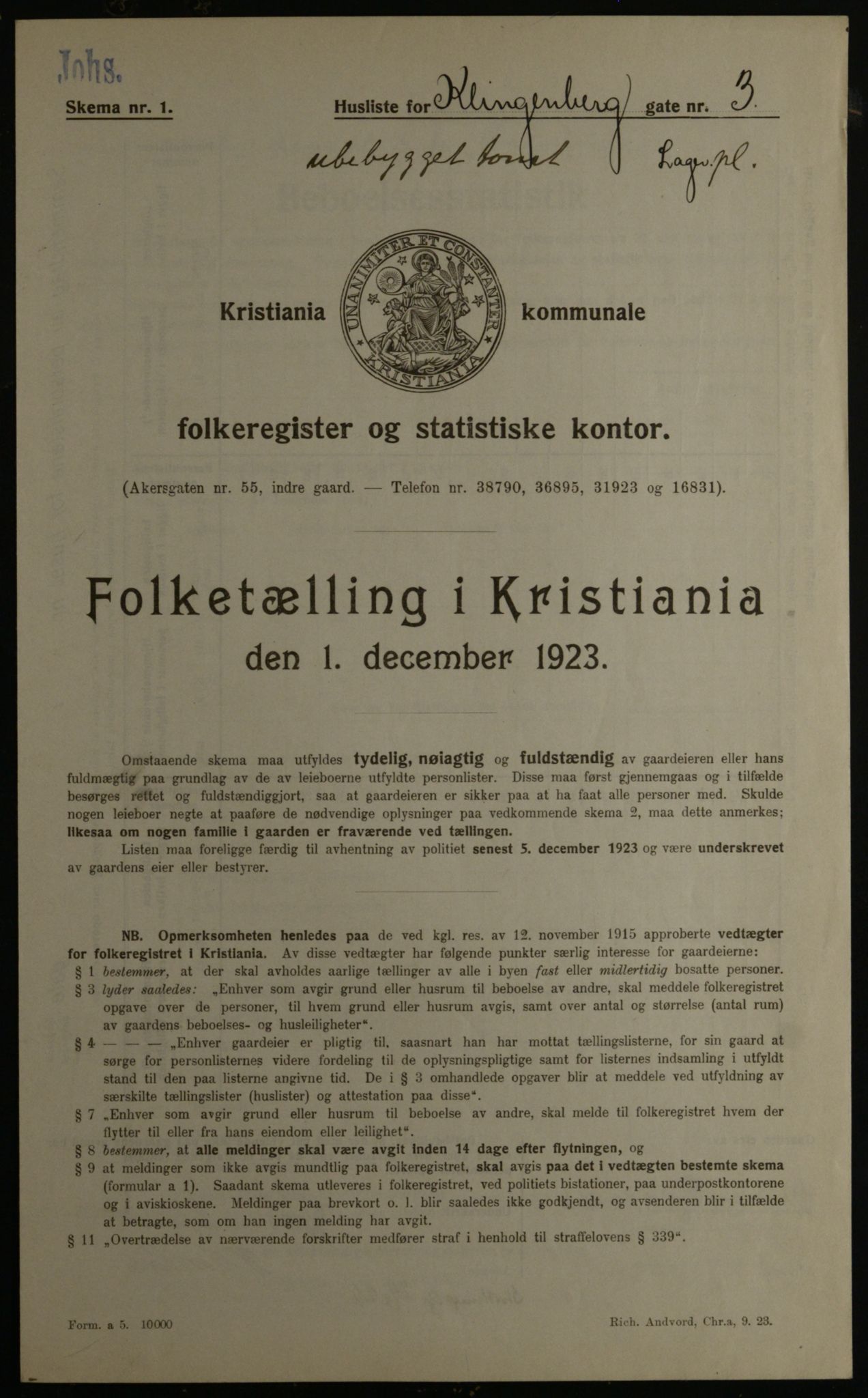 OBA, Municipal Census 1923 for Kristiania, 1923, p. 58220