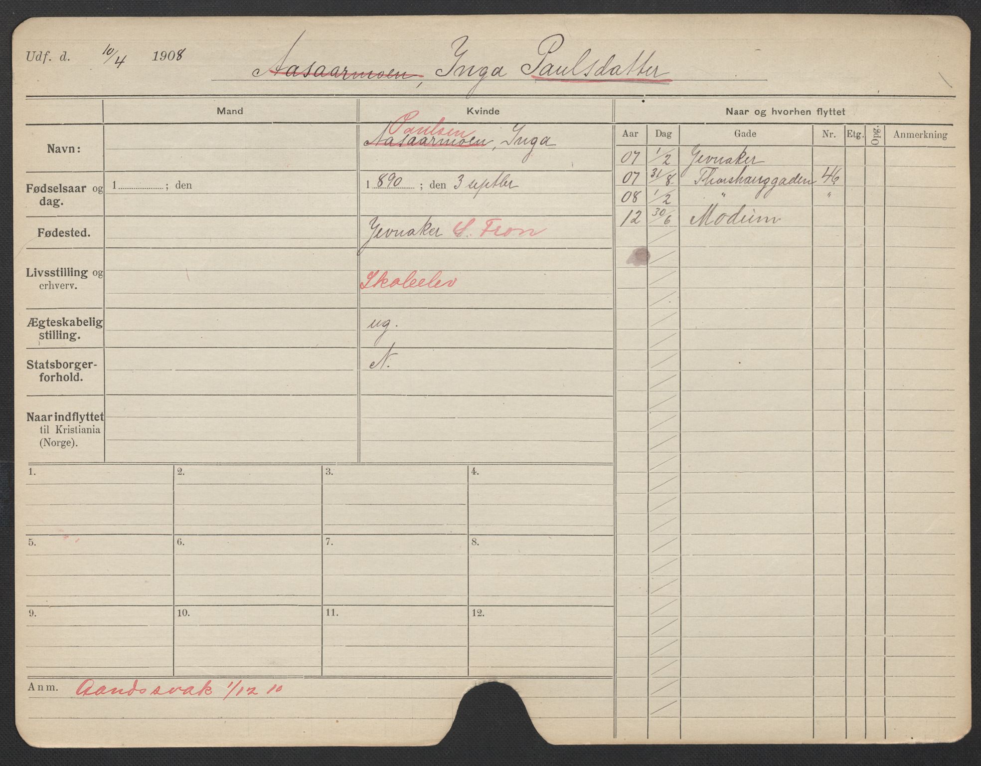 Oslo folkeregister, Registerkort, AV/SAO-A-11715/F/Fa/Fac/L0022: Kvinner, 1906-1914, p. 549a