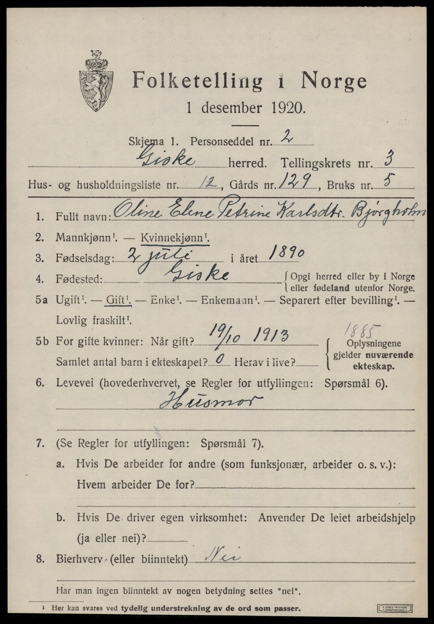 SAT, 1920 census for Giske, 1920, p. 1880