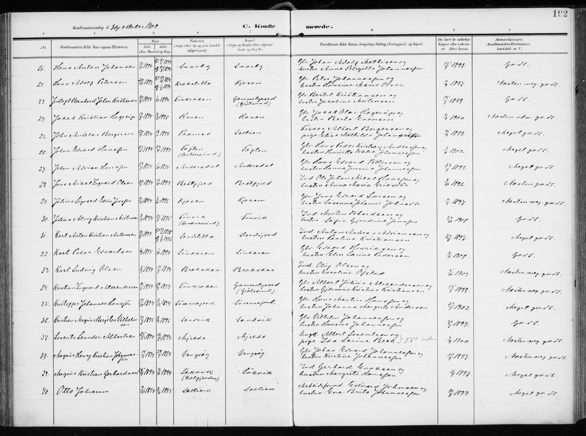 Tromsøysund sokneprestkontor, AV/SATØ-S-1304/G/Ga/L0007kirke: Parish register (official) no. 7, 1907-1914, p. 192