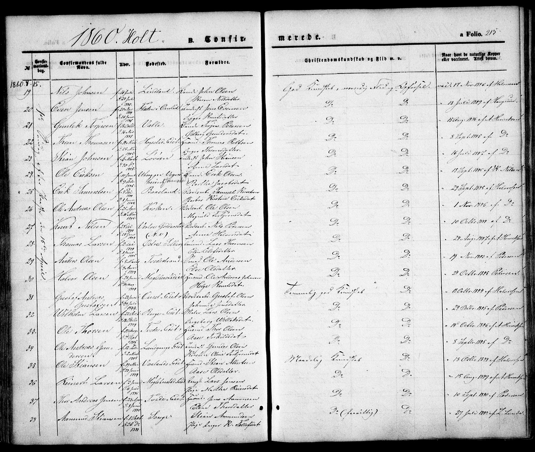 Holt sokneprestkontor, AV/SAK-1111-0021/F/Fa/L0008: Parish register (official) no. A 8, 1849-1860, p. 215