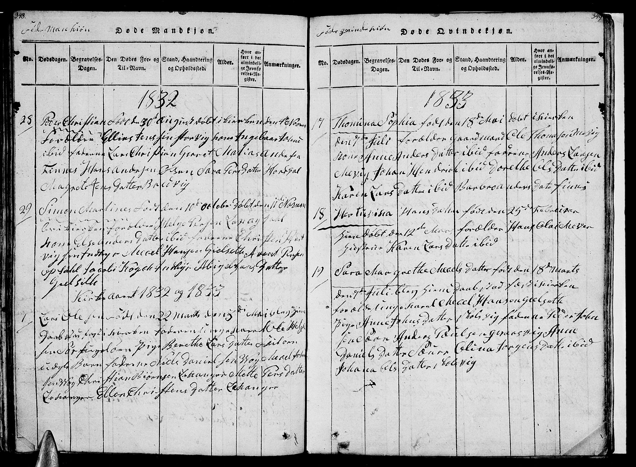 Ministerialprotokoller, klokkerbøker og fødselsregistre - Nordland, AV/SAT-A-1459/805/L0105: Parish register (copy) no. 805C01, 1820-1839, p. 348-349