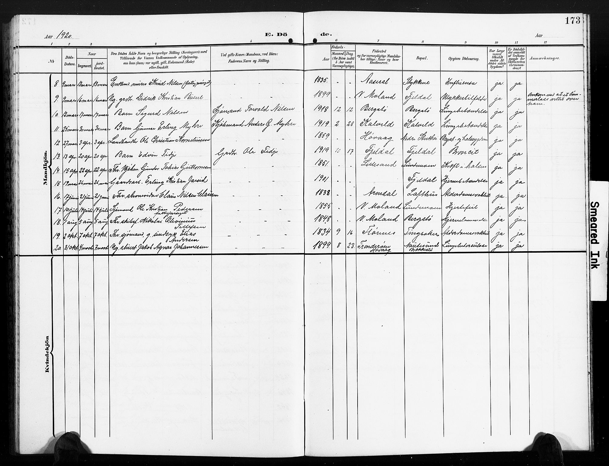 Vestre Moland sokneprestkontor, SAK/1111-0046/F/Fb/Fbb/L0007: Parish register (copy) no. B 7, 1906-1929, p. 173