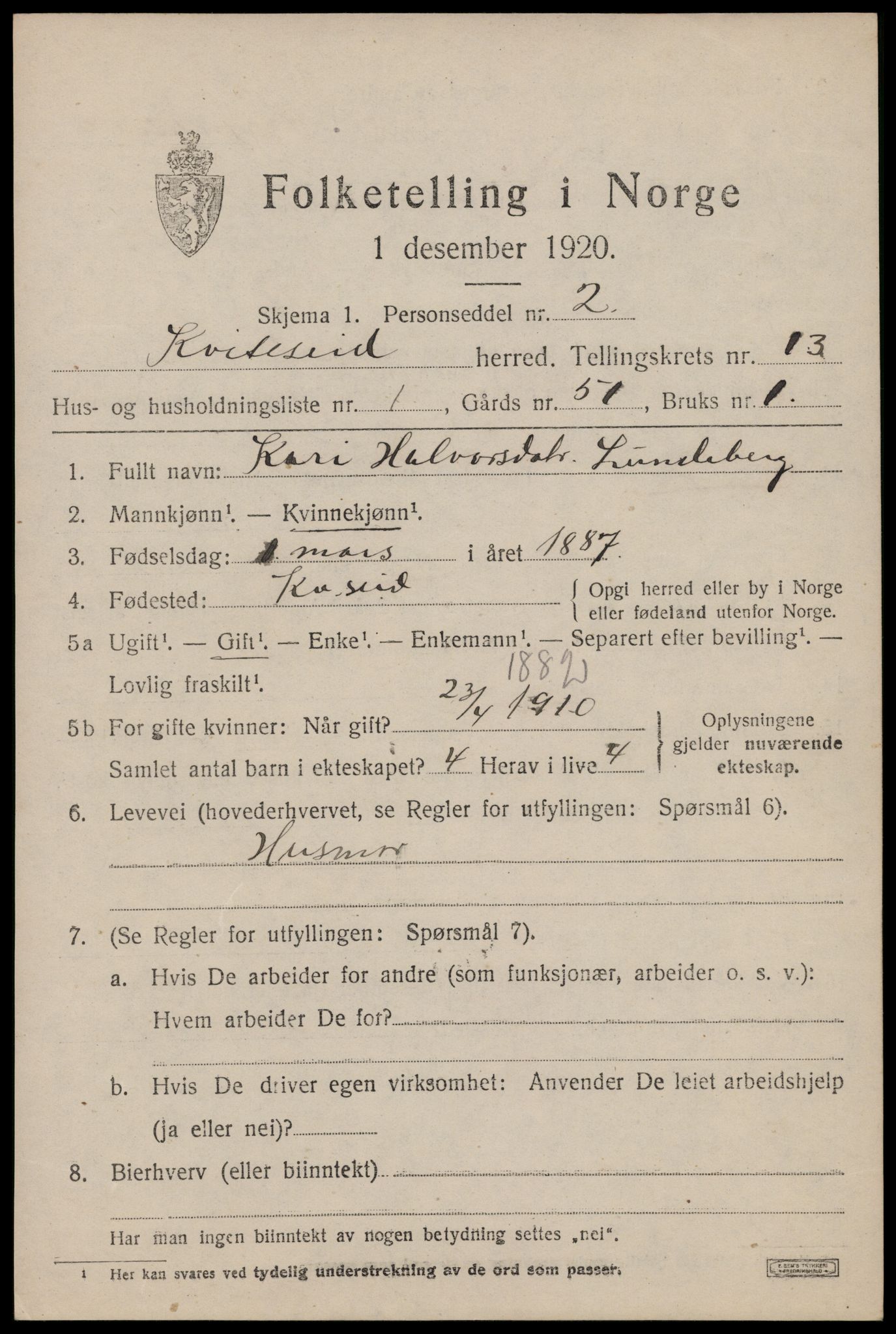 SAKO, 1920 census for Kviteseid, 1920, p. 6205