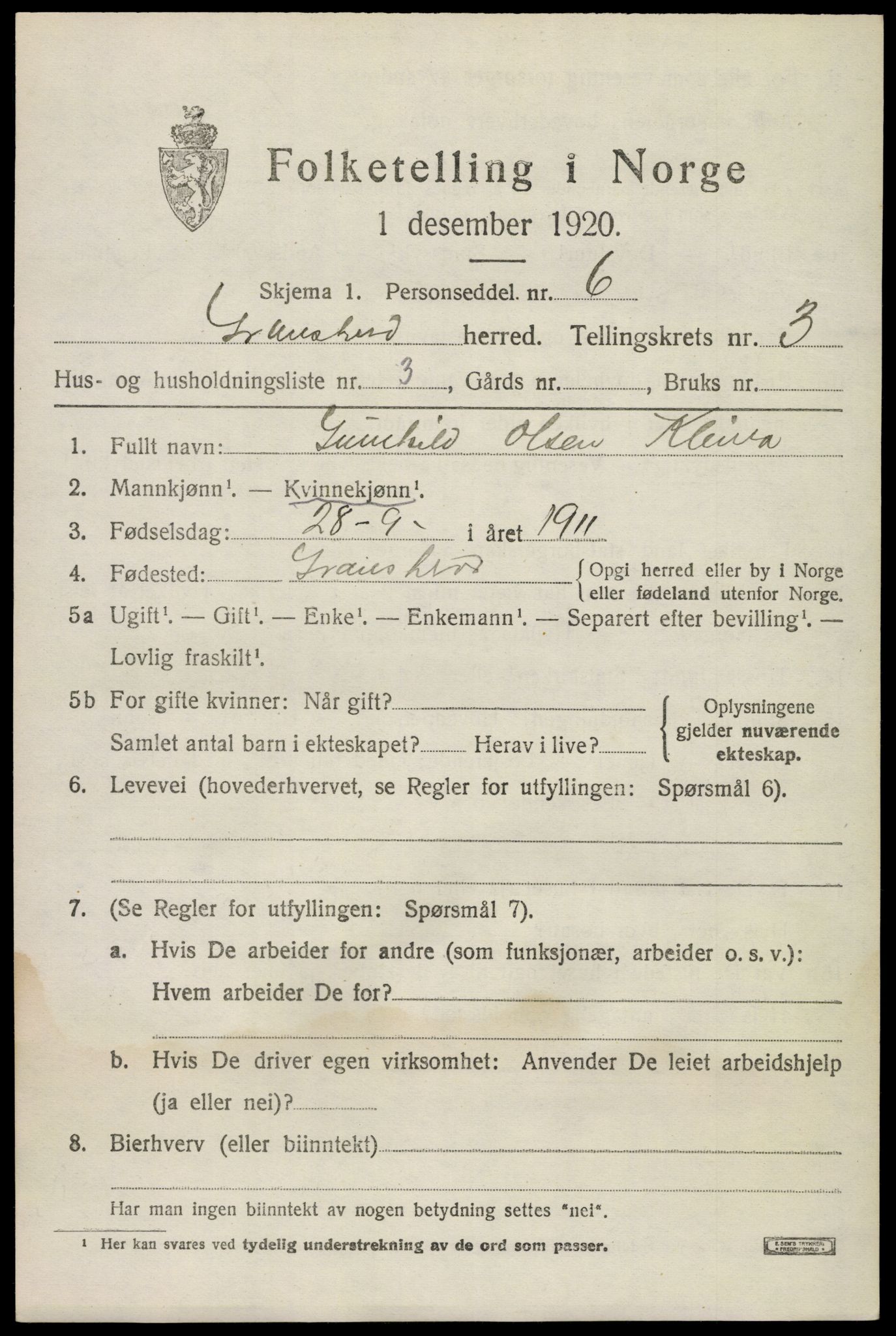 SAKO, 1920 census for Gransherad, 1920, p. 1436