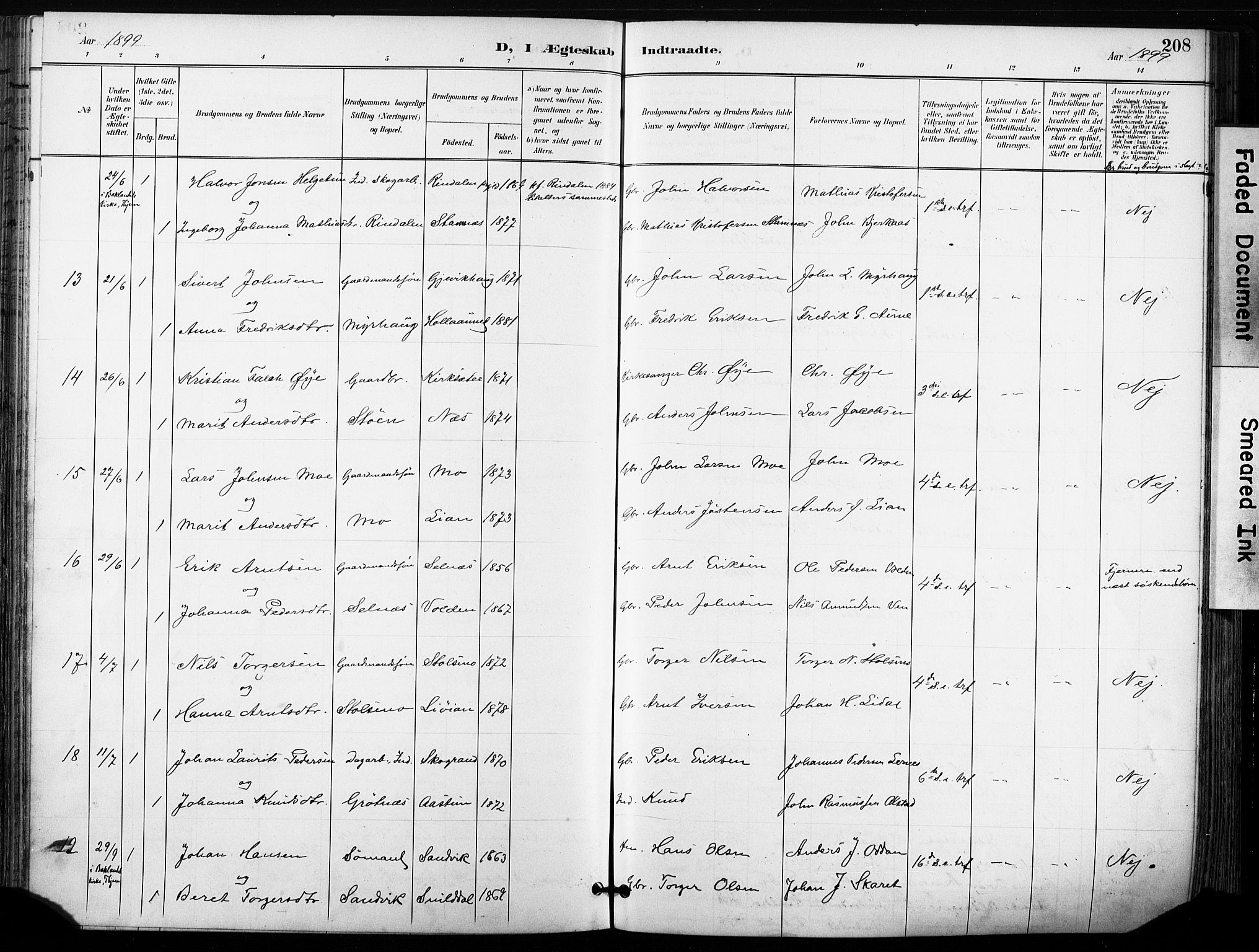 Ministerialprotokoller, klokkerbøker og fødselsregistre - Sør-Trøndelag, AV/SAT-A-1456/630/L0497: Parish register (official) no. 630A10, 1896-1910, p. 208