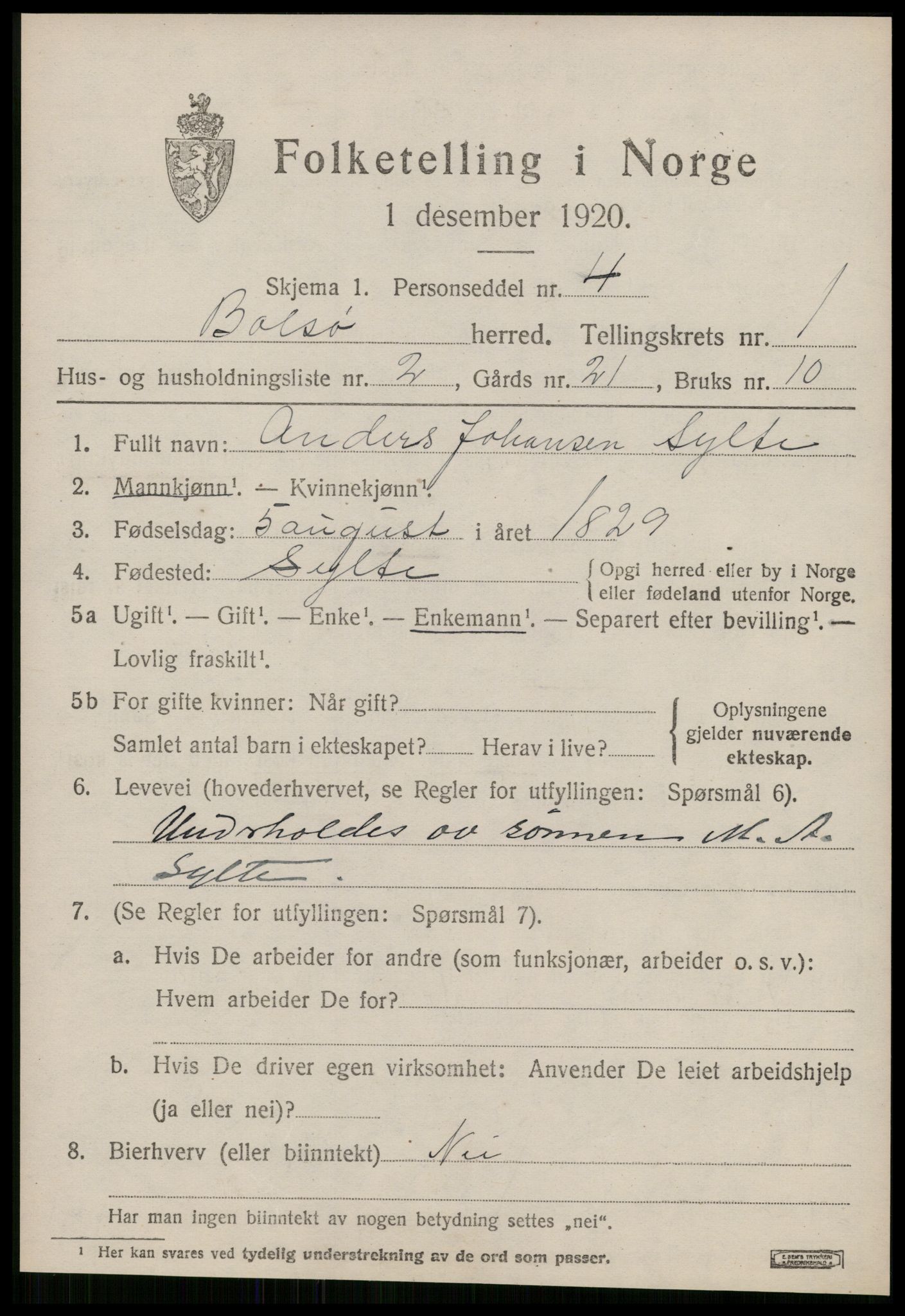 SAT, 1920 census for Bolsøy, 1920, p. 1625