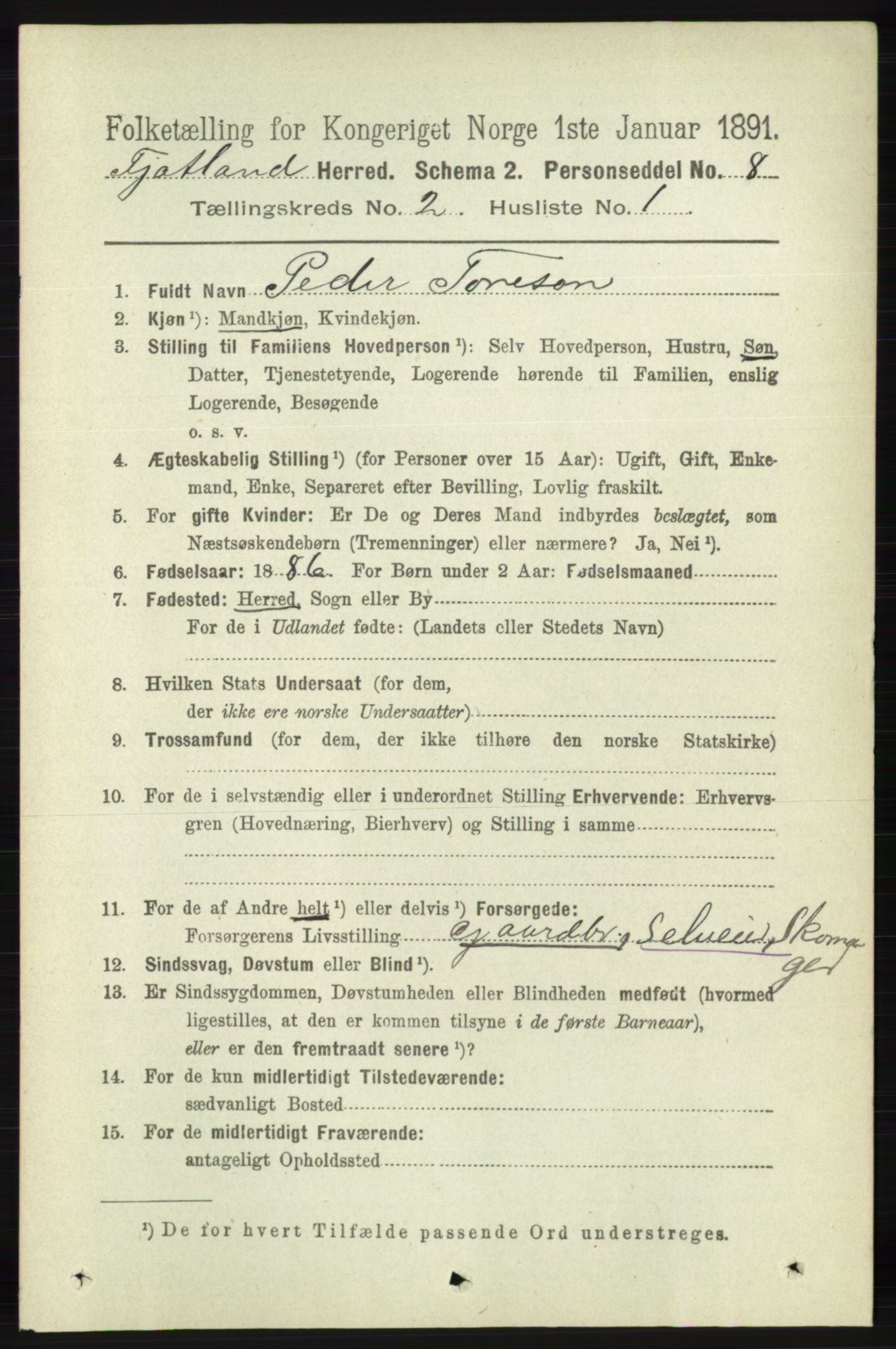 RA, 1891 census for 1036 Fjotland, 1891, p. 243