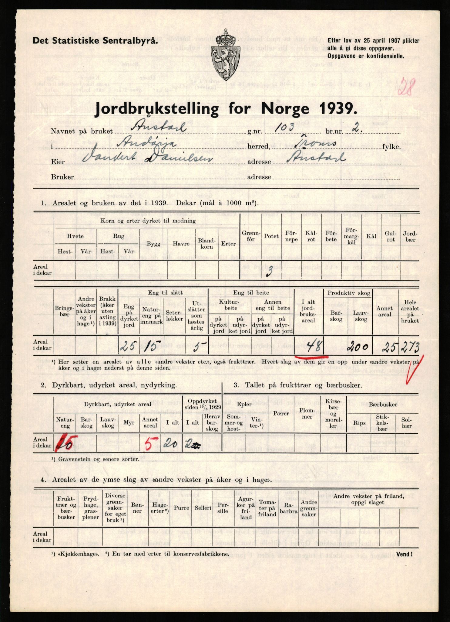 Statistisk sentralbyrå, Næringsøkonomiske emner, Jordbruk, skogbruk, jakt, fiske og fangst, AV/RA-S-2234/G/Gb/L0339: Troms: Andørja, Astafjord og Lavangen, 1939, p. 756