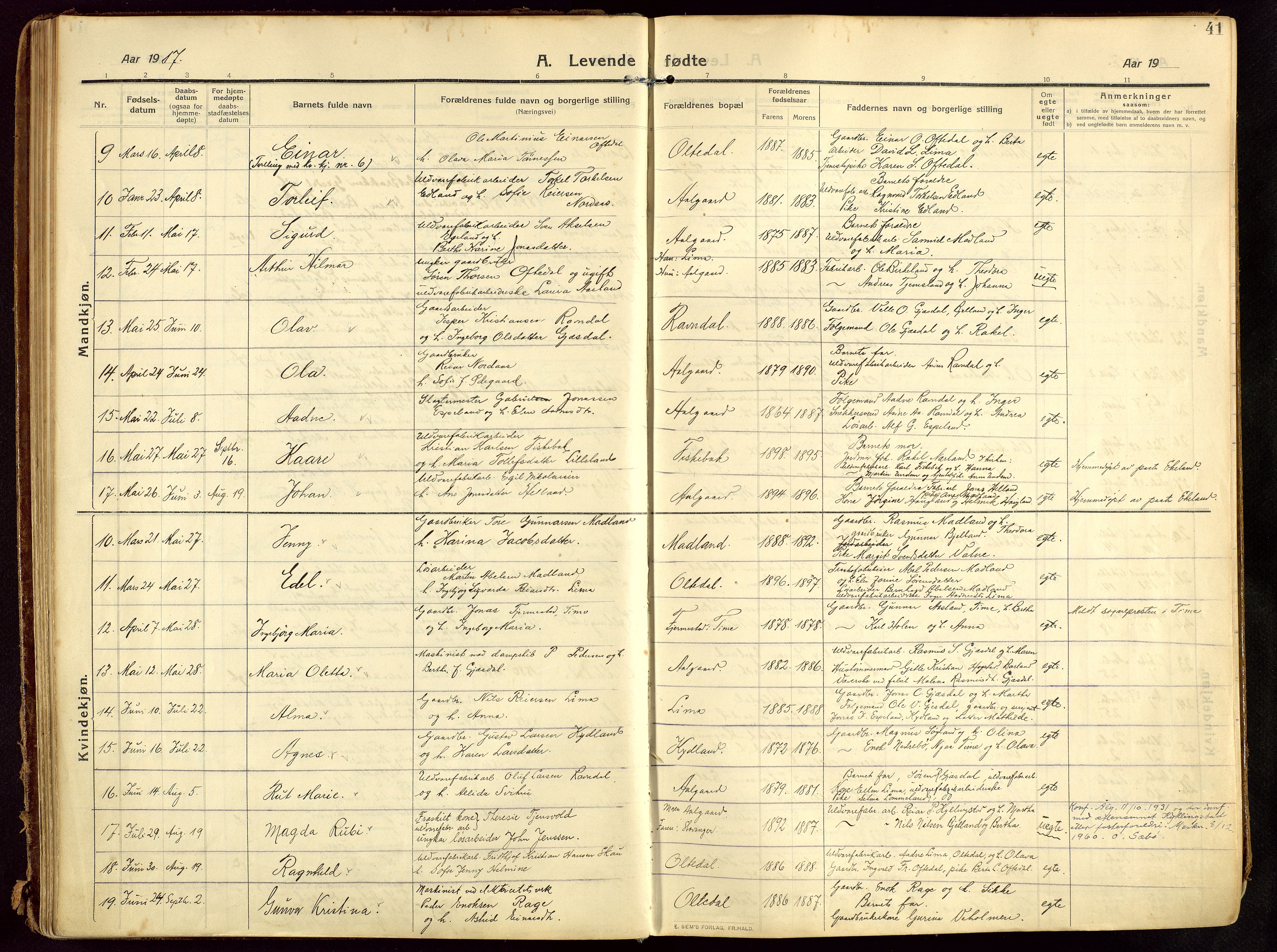 Lye sokneprestkontor, AV/SAST-A-101794/002/B/L0001: Parish register (official) no. A 13, 1910-1925, p. 41