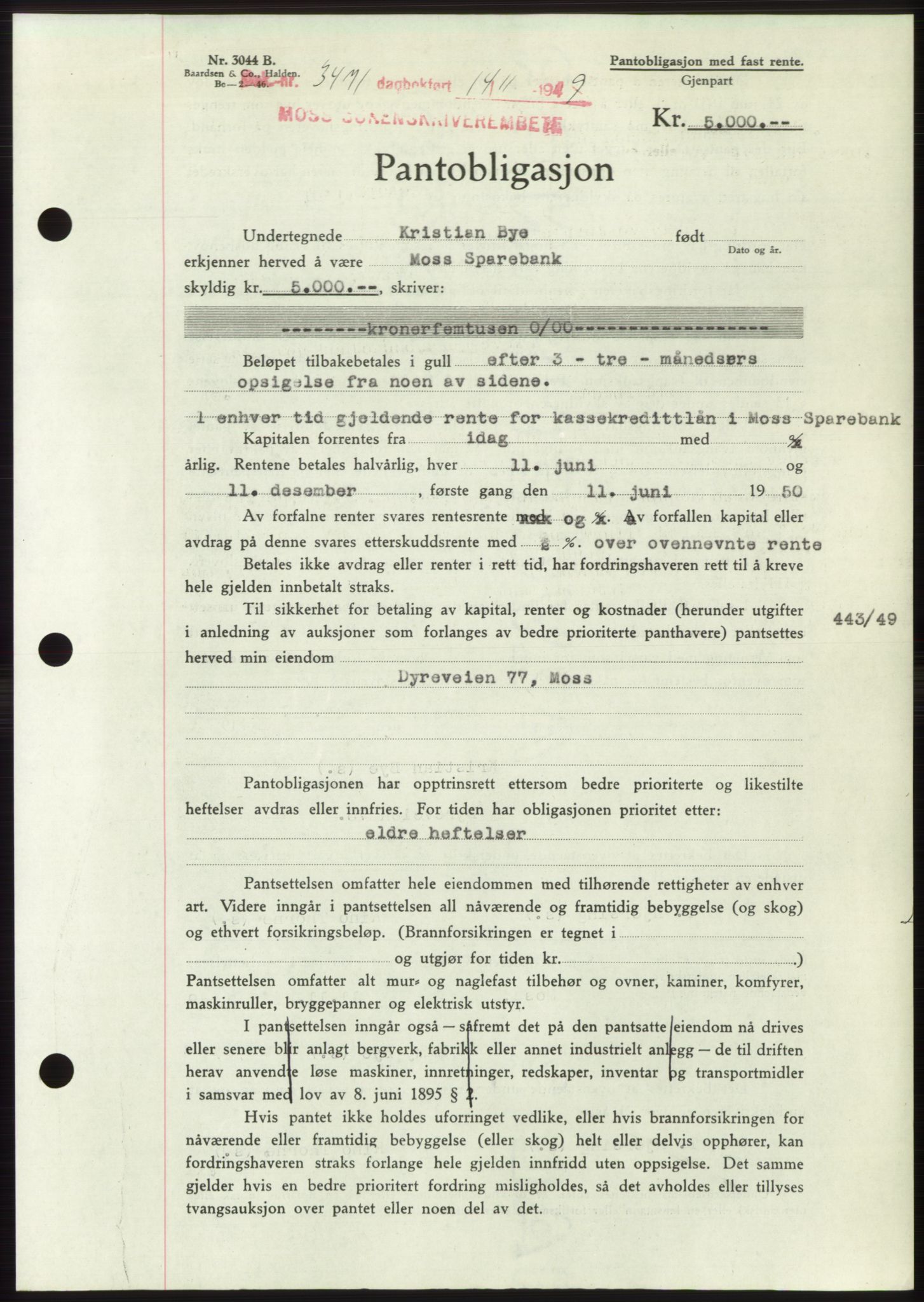 Moss sorenskriveri, SAO/A-10168: Mortgage book no. B23, 1949-1950, Diary no: : 3471/1949