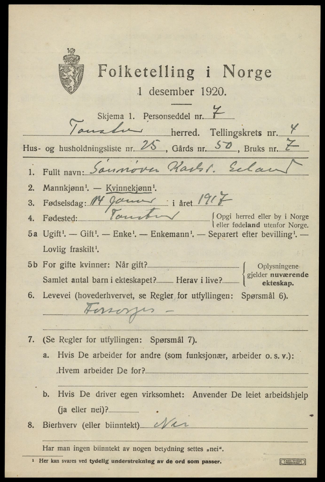 SAK, 1920 census for Tonstad, 1920, p. 1598