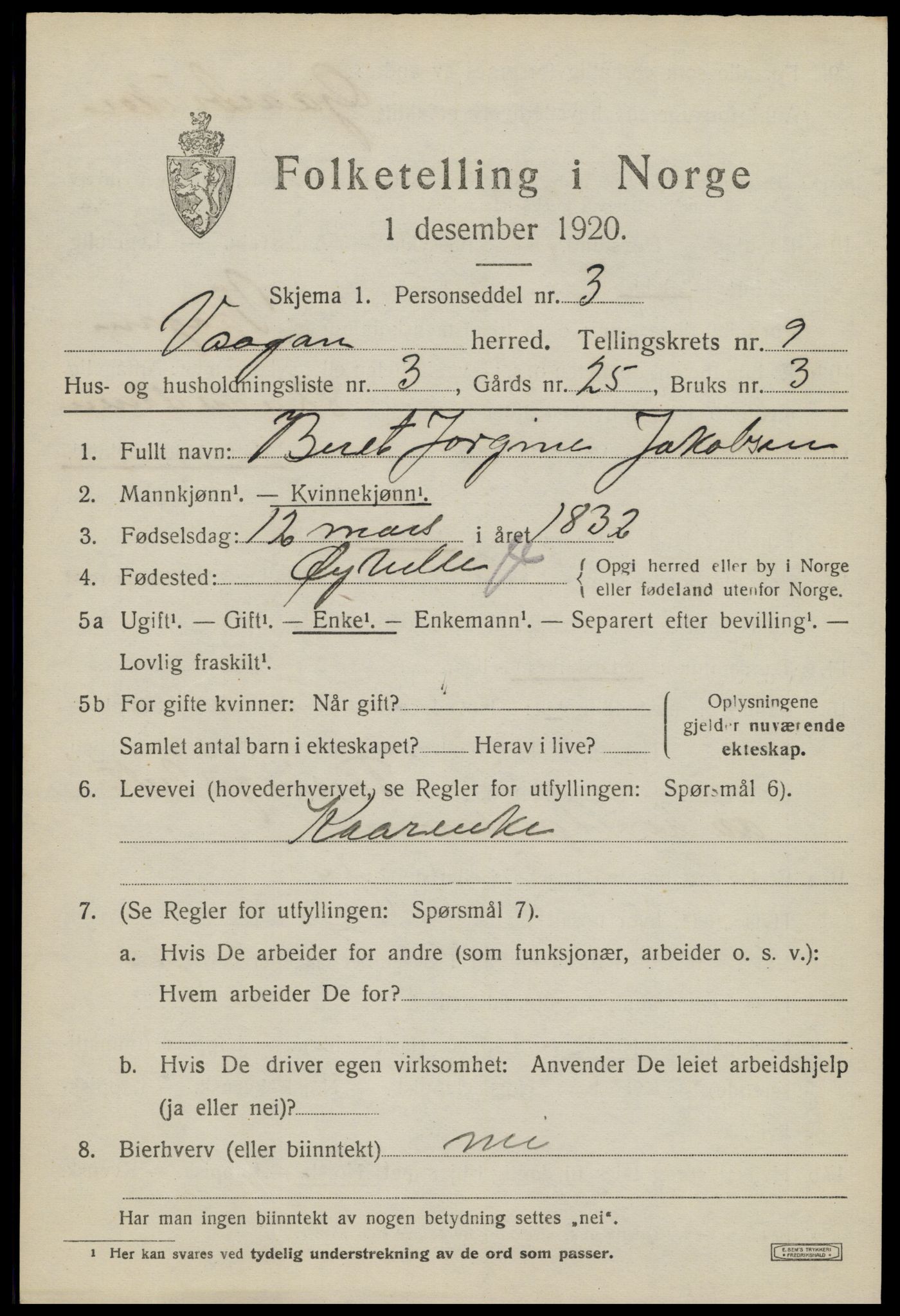 SAT, 1920 census for Vågan, 1920, p. 8127