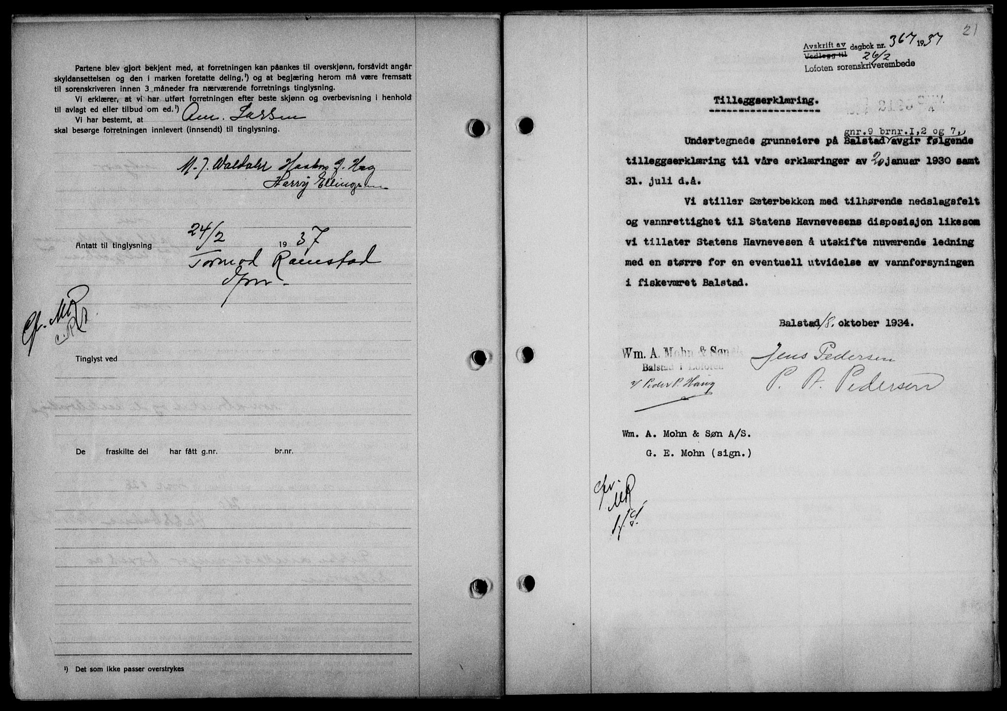 Lofoten sorenskriveri, SAT/A-0017/1/2/2C/L0001a: Mortgage book no. 1a, 1936-1937, Diary no: : 367/1937