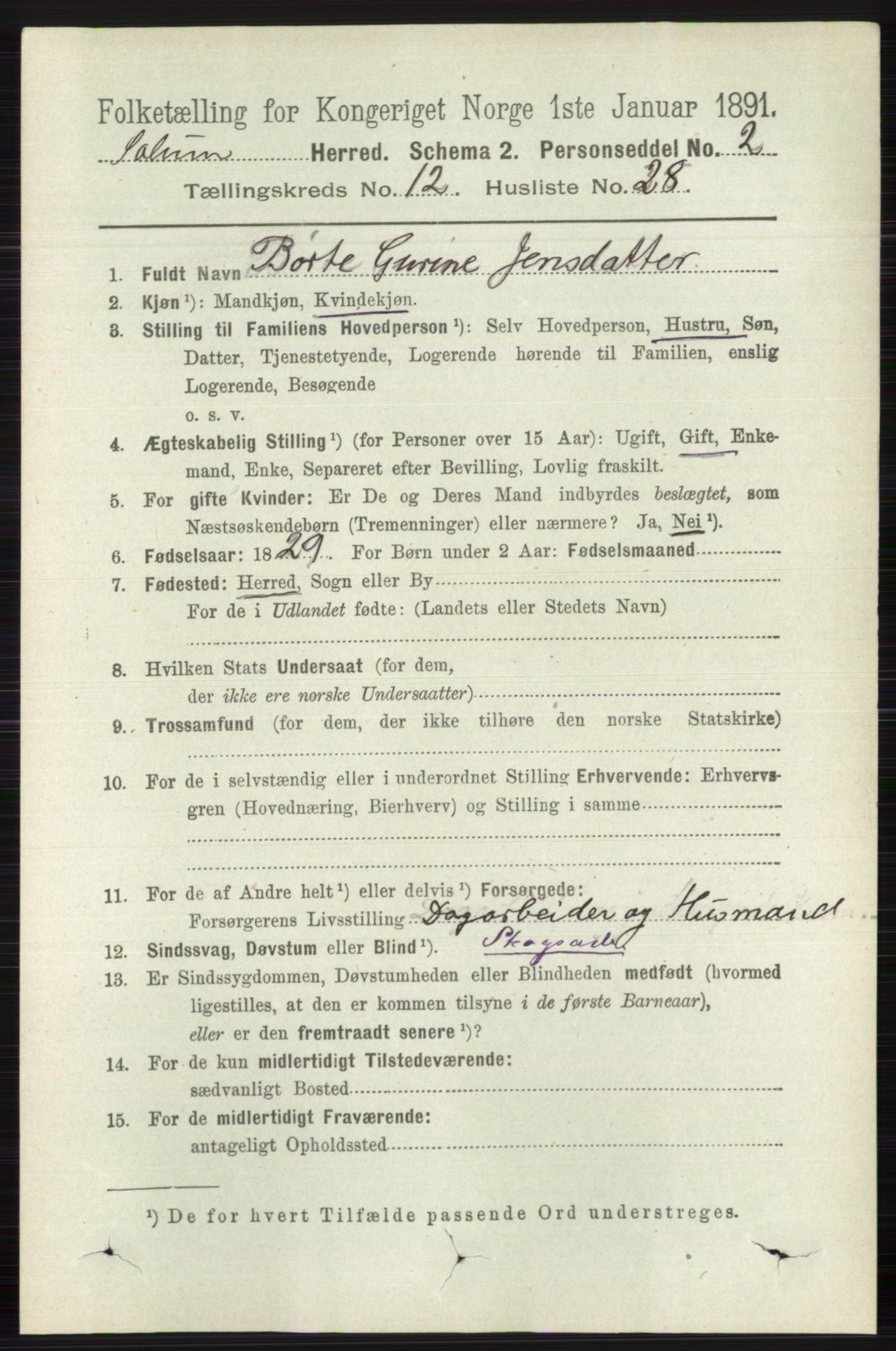 RA, 1891 census for 0818 Solum, 1891, p. 5746