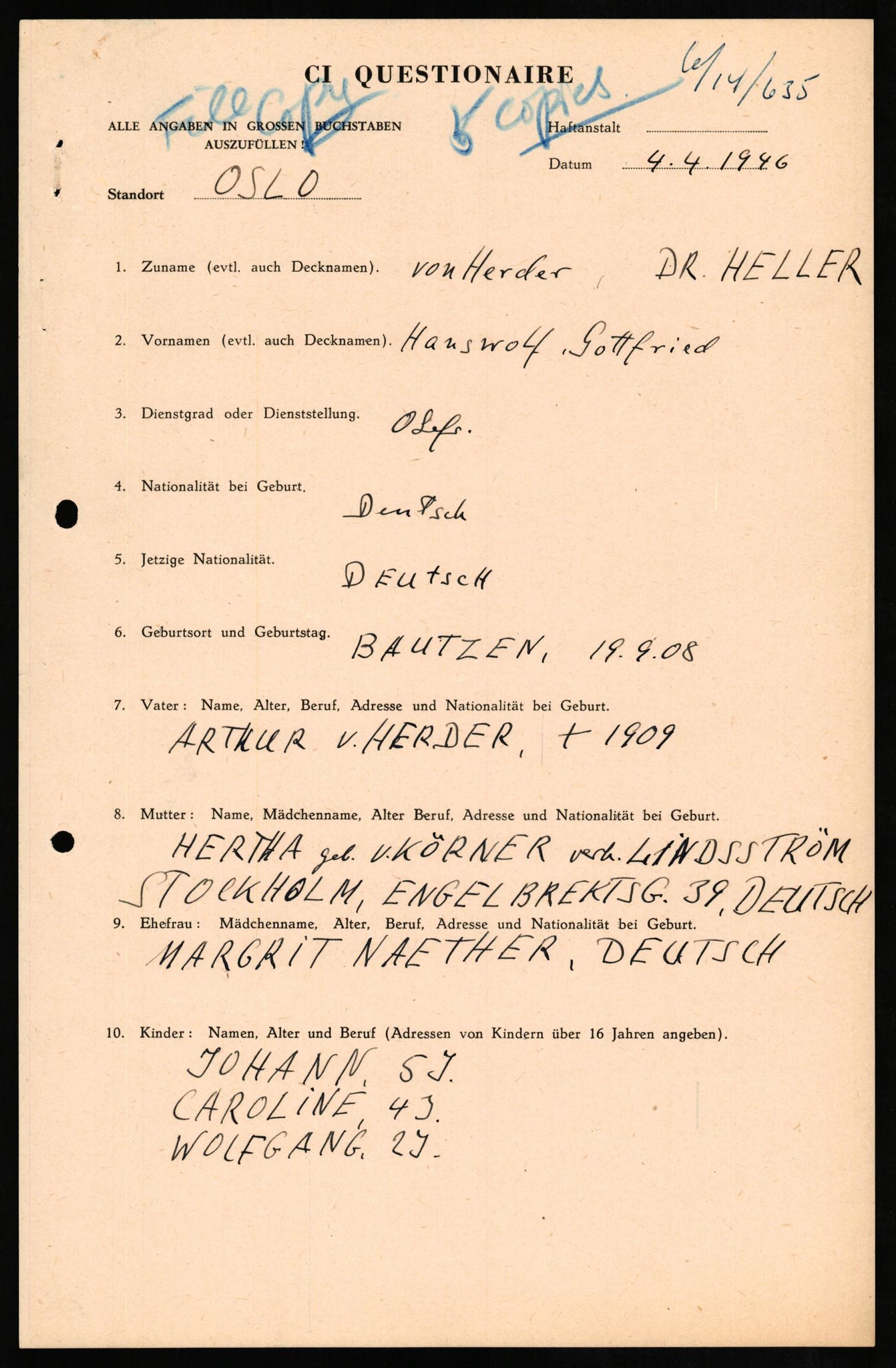 Forsvaret, Forsvarets overkommando II, RA/RAFA-3915/D/Db/L0013: CI Questionaires. Tyske okkupasjonsstyrker i Norge. Tyskere., 1945-1946, p. 2