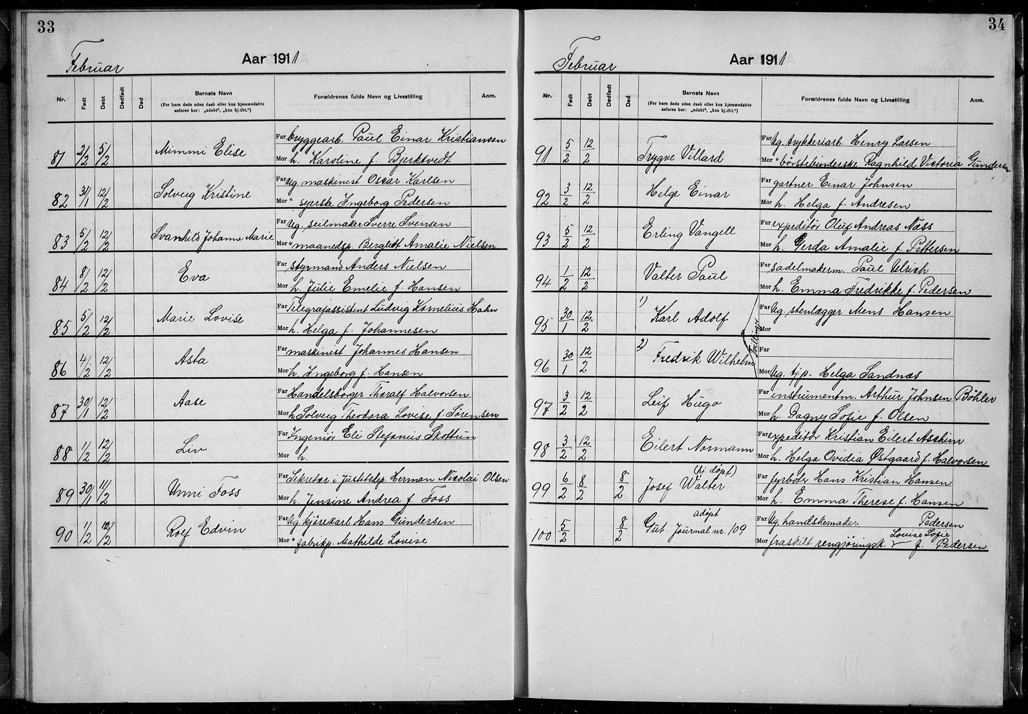 Rikshospitalet prestekontor Kirkebøker, AV/SAO-A-10309b/K/L0007/0001: Baptism register no. 7.1, 1910-1912, p. 33-34