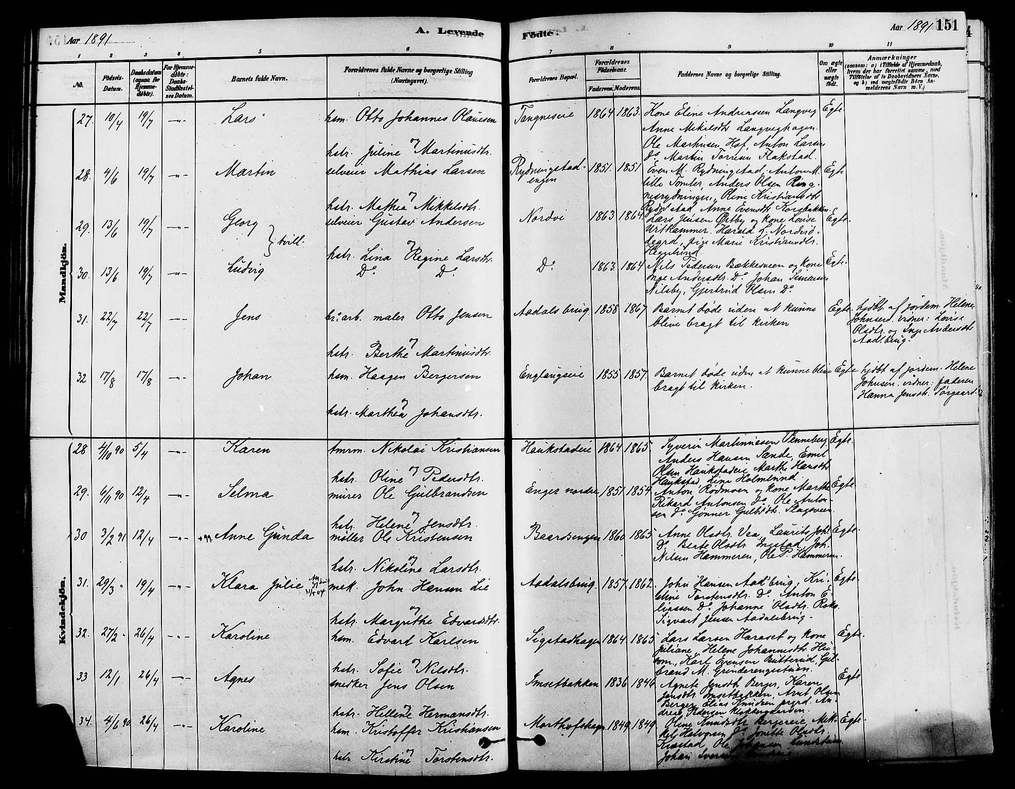 Løten prestekontor, AV/SAH-PREST-022/K/Ka/L0009: Parish register (official) no. 9, 1878-1891, p. 151