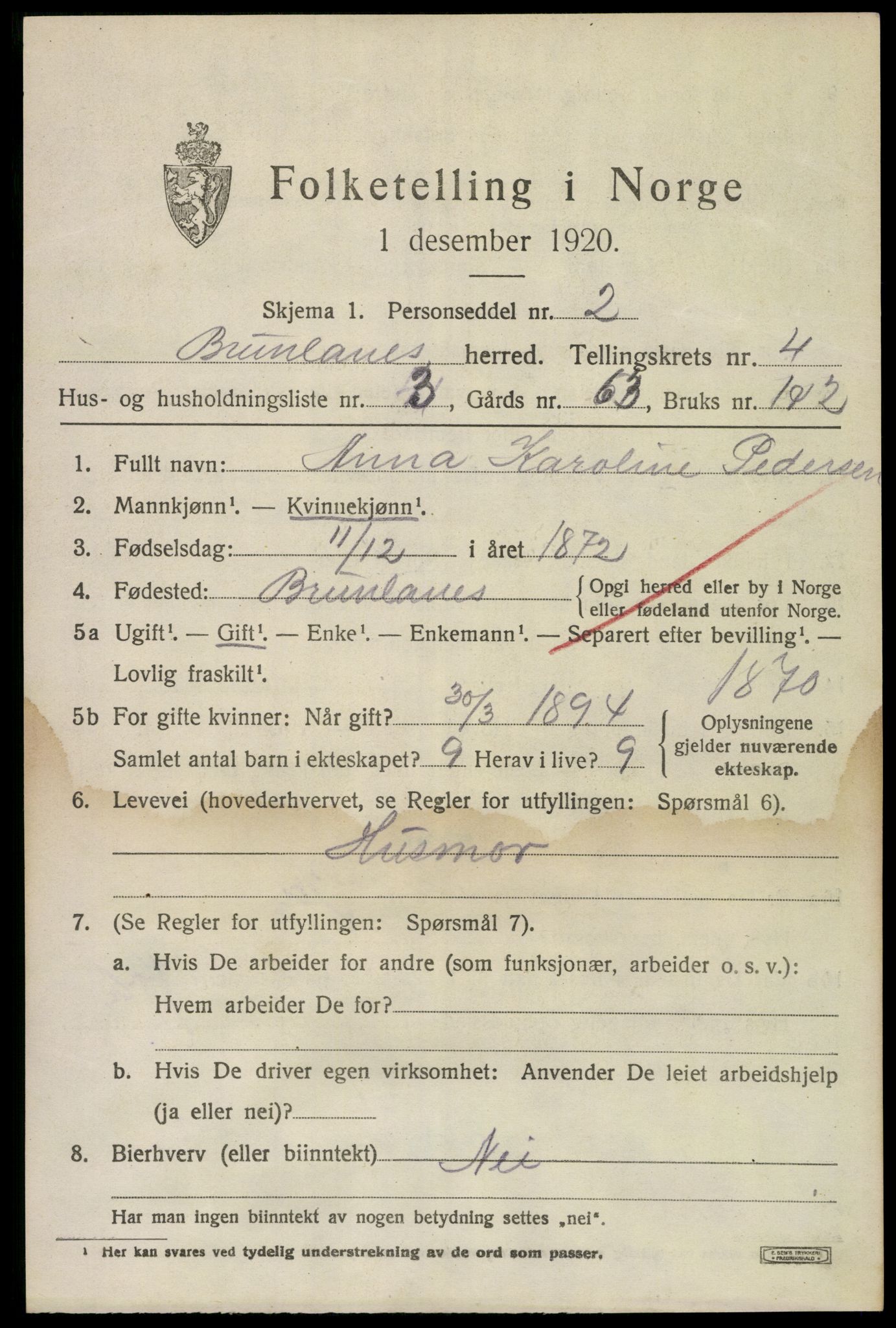 SAKO, 1920 census for Brunlanes, 1920, p. 6143