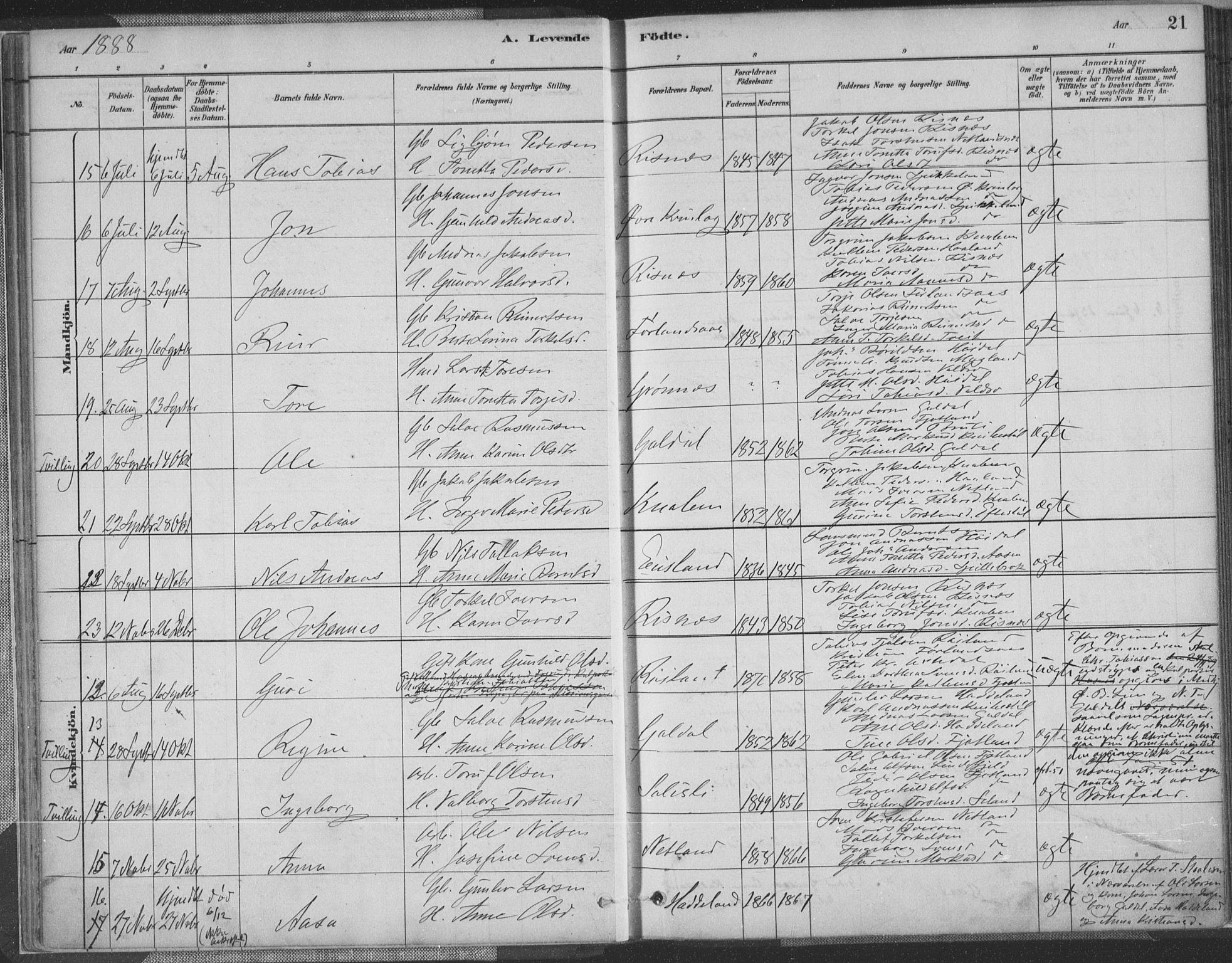 Fjotland sokneprestkontor, AV/SAK-1111-0010/F/Fa/L0002: Parish register (official) no. A 2, 1880-1898, p. 21