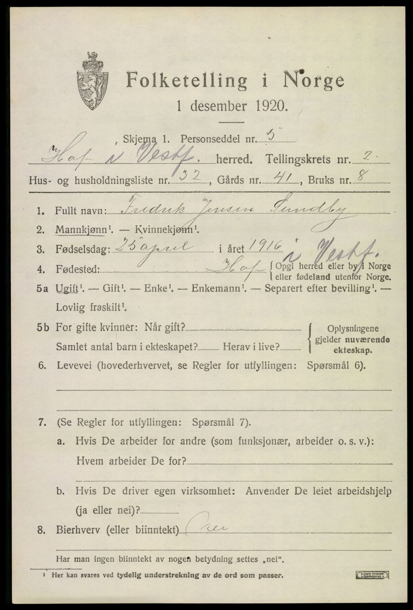 SAKO, 1920 census for Hof, 1920, p. 2723