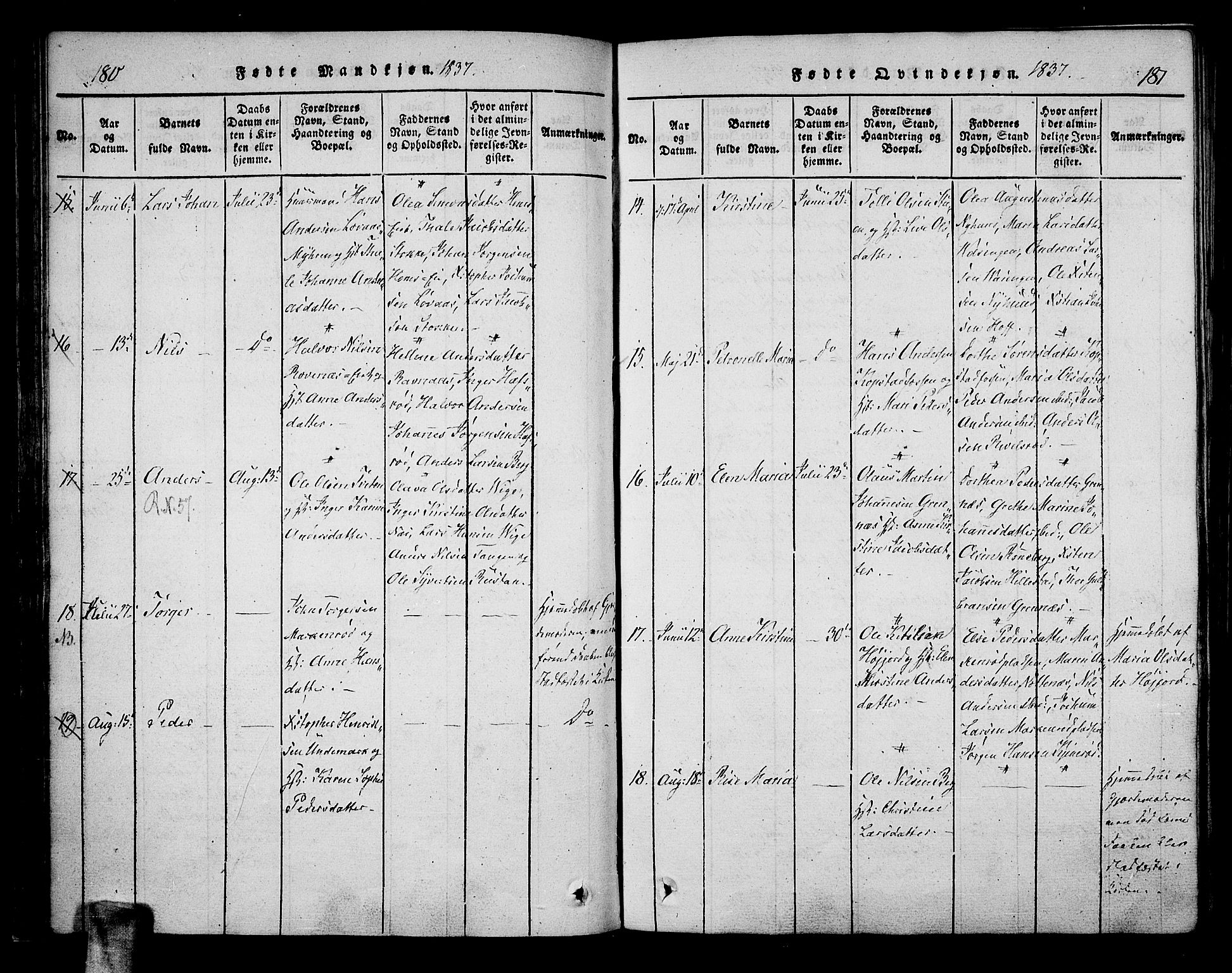 Hof kirkebøker, SAKO/A-64/F/Fa/L0004: Parish register (official) no. I 4, 1814-1843, p. 180-181
