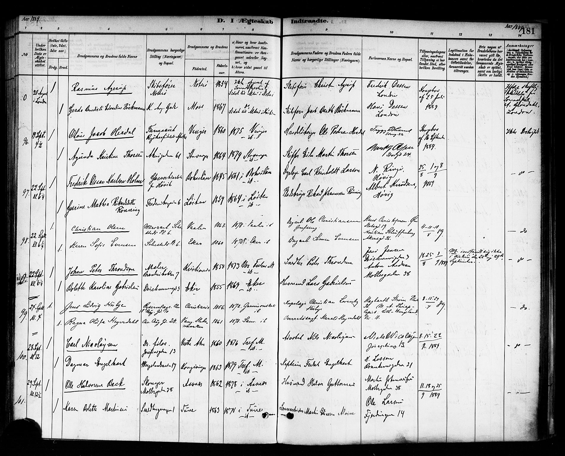 Trefoldighet prestekontor Kirkebøker, AV/SAO-A-10882/F/Fc/L0003: Parish register (official) no. III 3, 1881-1891, p. 181