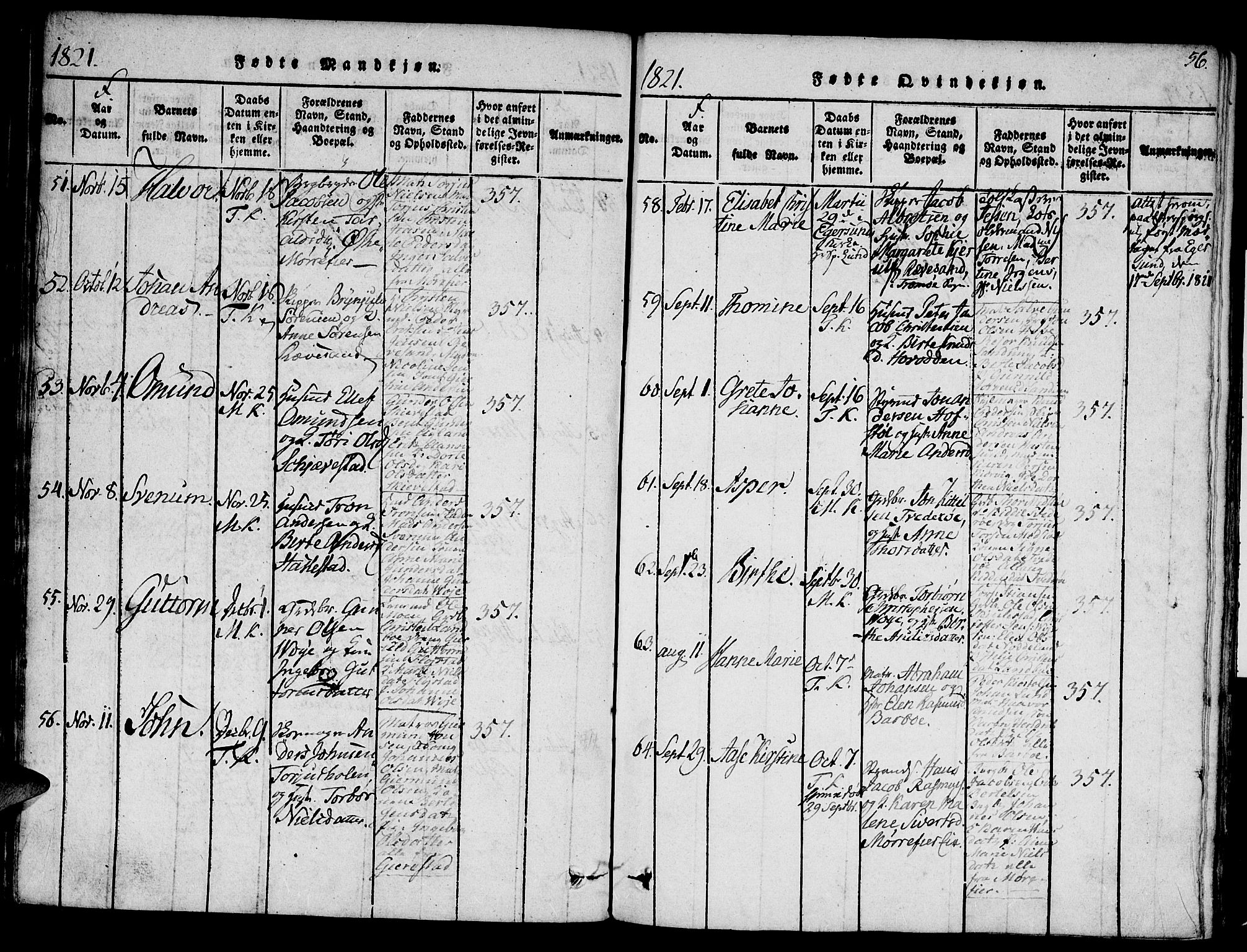 Austre Moland sokneprestkontor, AV/SAK-1111-0001/F/Fa/Faa/L0004: Parish register (official) no. A 4, 1816-1824, p. 56