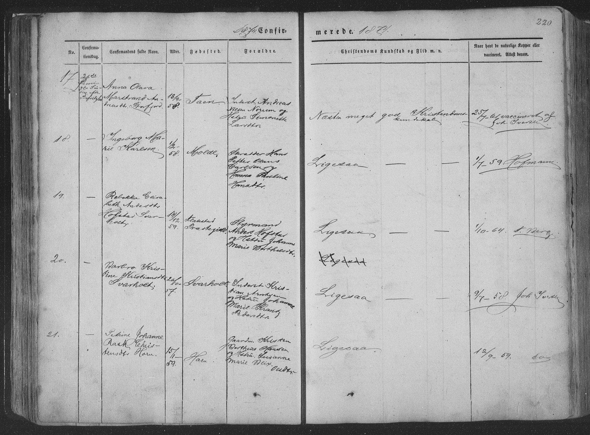 Ministerialprotokoller, klokkerbøker og fødselsregistre - Nordland, AV/SAT-A-1459/881/L1165: Parish register (copy) no. 881C02, 1854-1876, p. 220