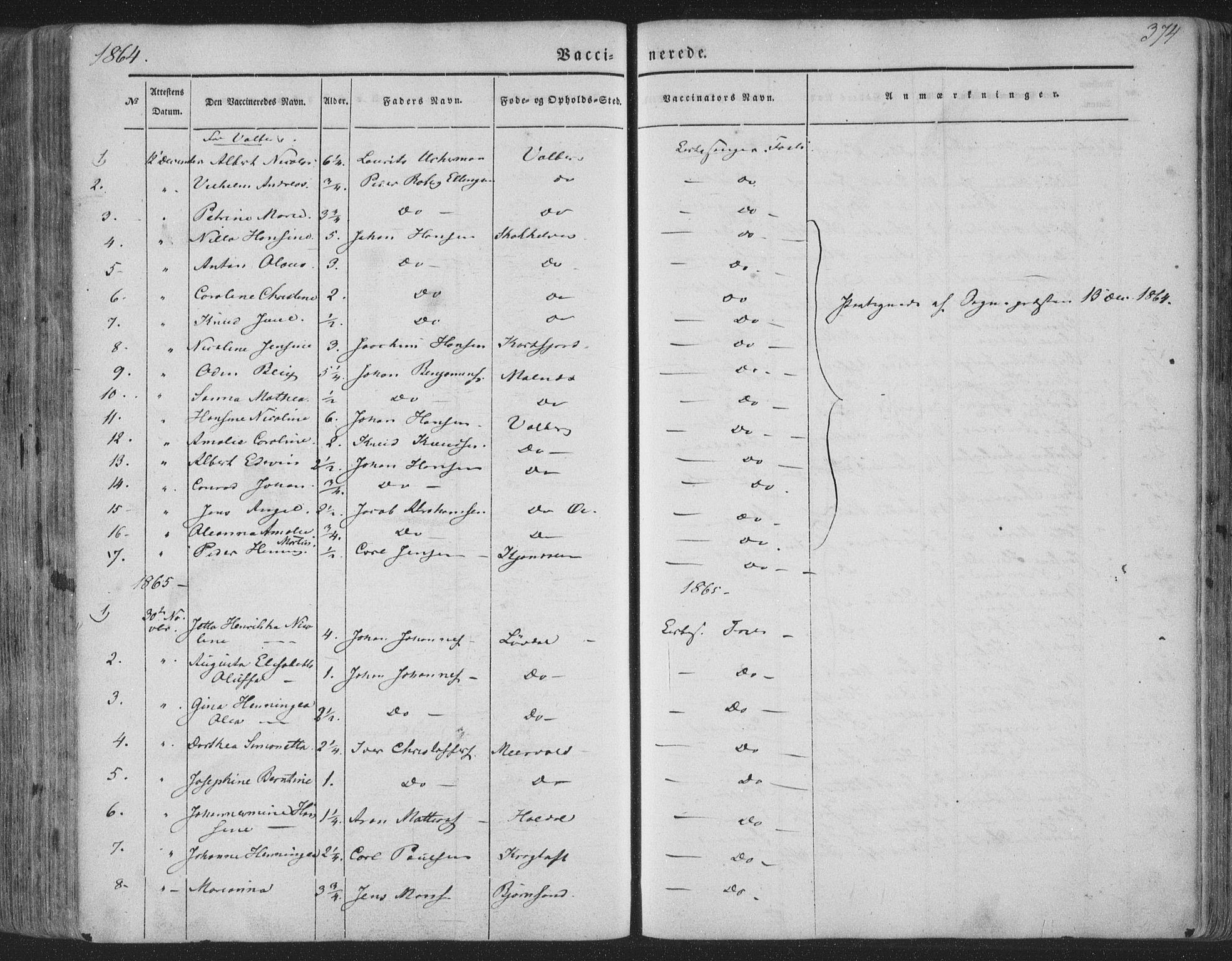 Ministerialprotokoller, klokkerbøker og fødselsregistre - Nordland, AV/SAT-A-1459/880/L1131: Parish register (official) no. 880A05, 1844-1868, p. 374