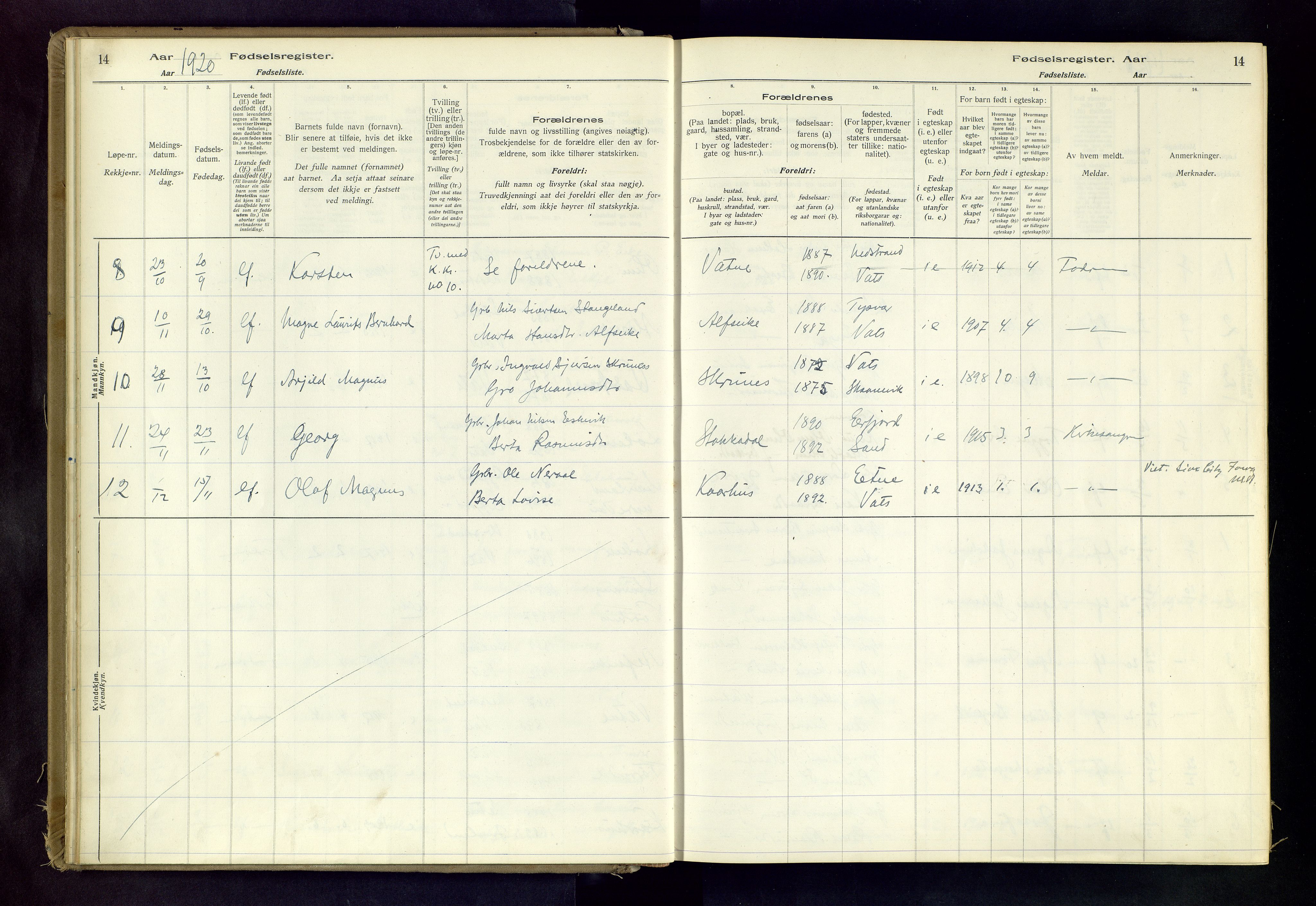 Skjold sokneprestkontor, AV/SAST-A-101847/I/Id/L0003: Birth register no. 3, 1917-1982, p. 14