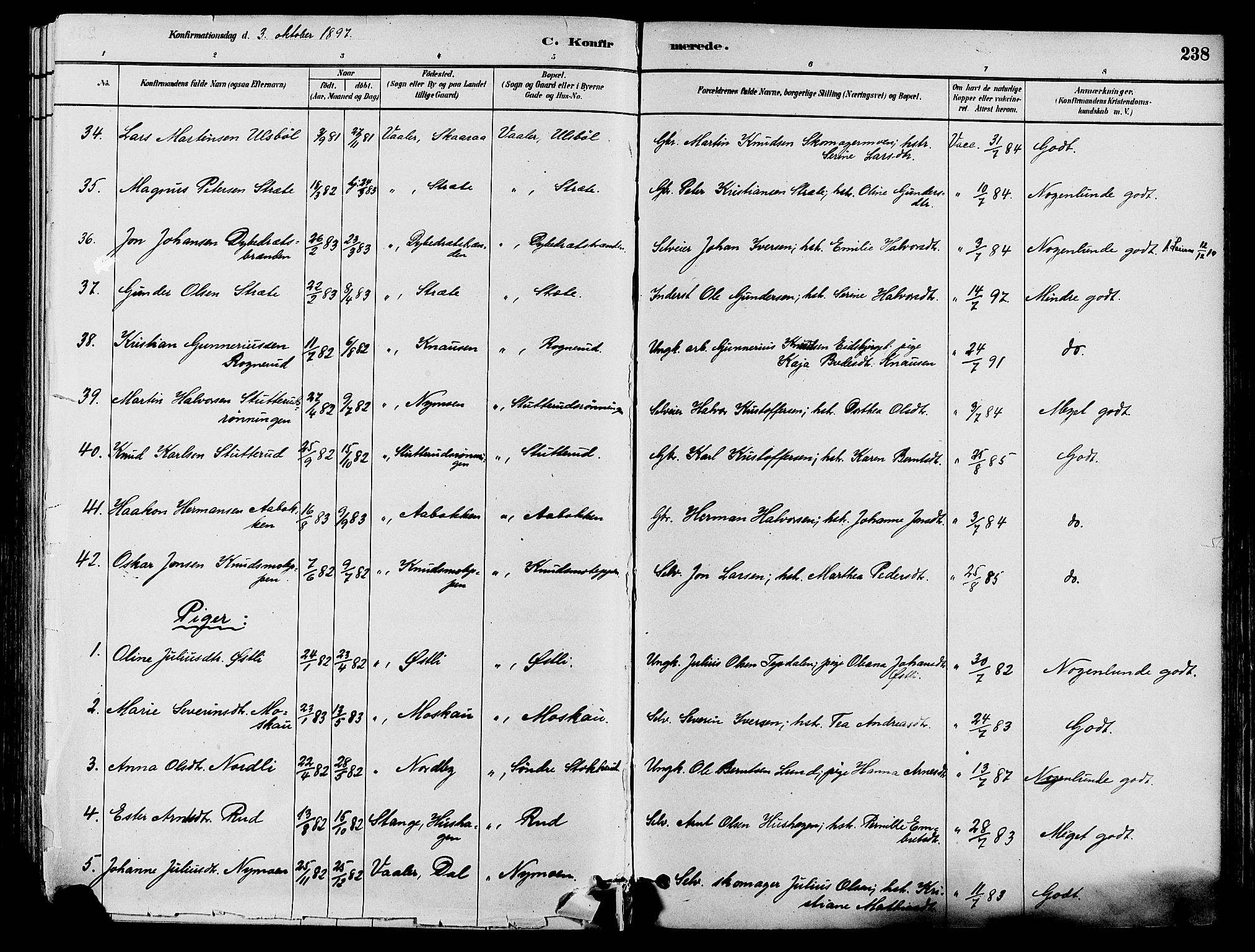 Våler prestekontor, Hedmark, AV/SAH-PREST-040/H/Ha/Haa/L0002: Parish register (official) no. 3, 1879-1911, p. 238