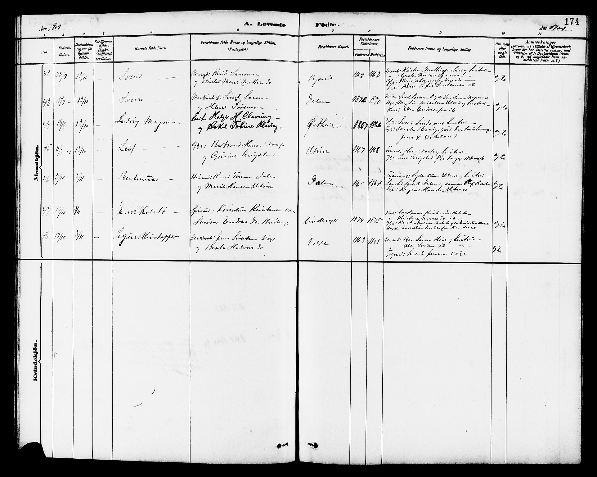 Avaldsnes sokneprestkontor, AV/SAST-A -101851/H/Ha/Hab/L0007: Parish register (copy) no. B 7, 1885-1909, p. 174