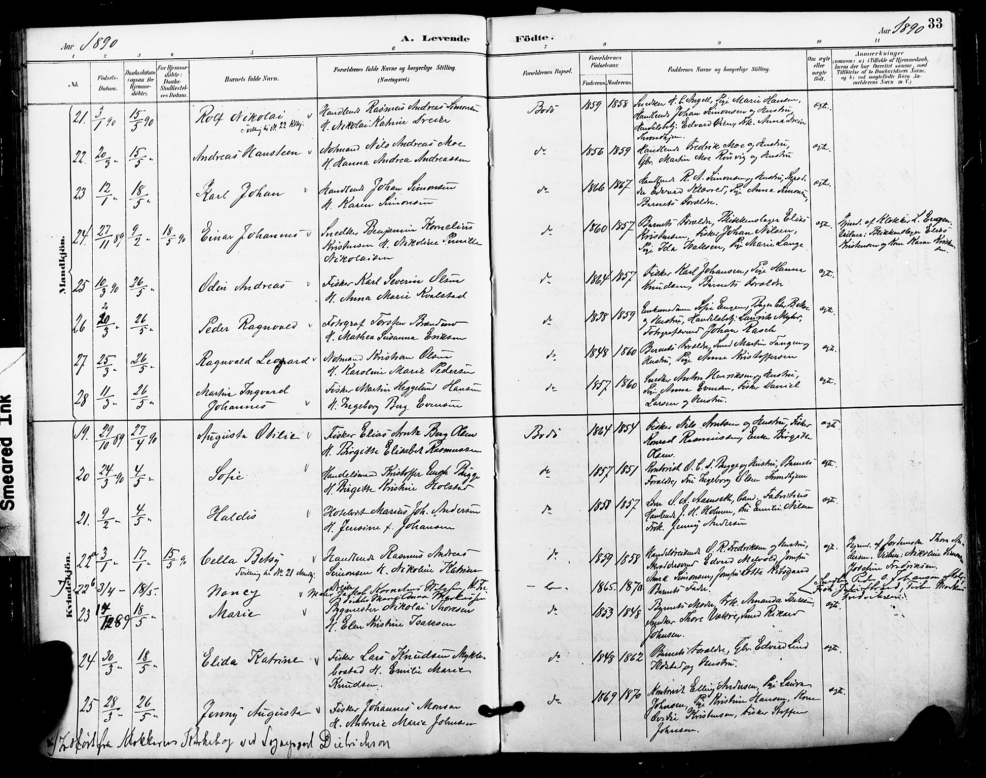 Ministerialprotokoller, klokkerbøker og fødselsregistre - Nordland, SAT/A-1459/801/L0010: Parish register (official) no. 801A10, 1888-1899, p. 33