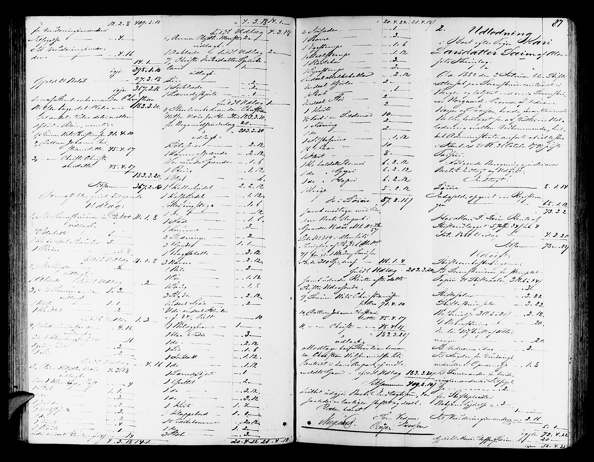 Nordhordland sorenskrivar, SAB/A-2901/1/H/Hd/Hda/L0005: Skifteutlodningsprotokollar, 1851-1857, p. 86b-87a