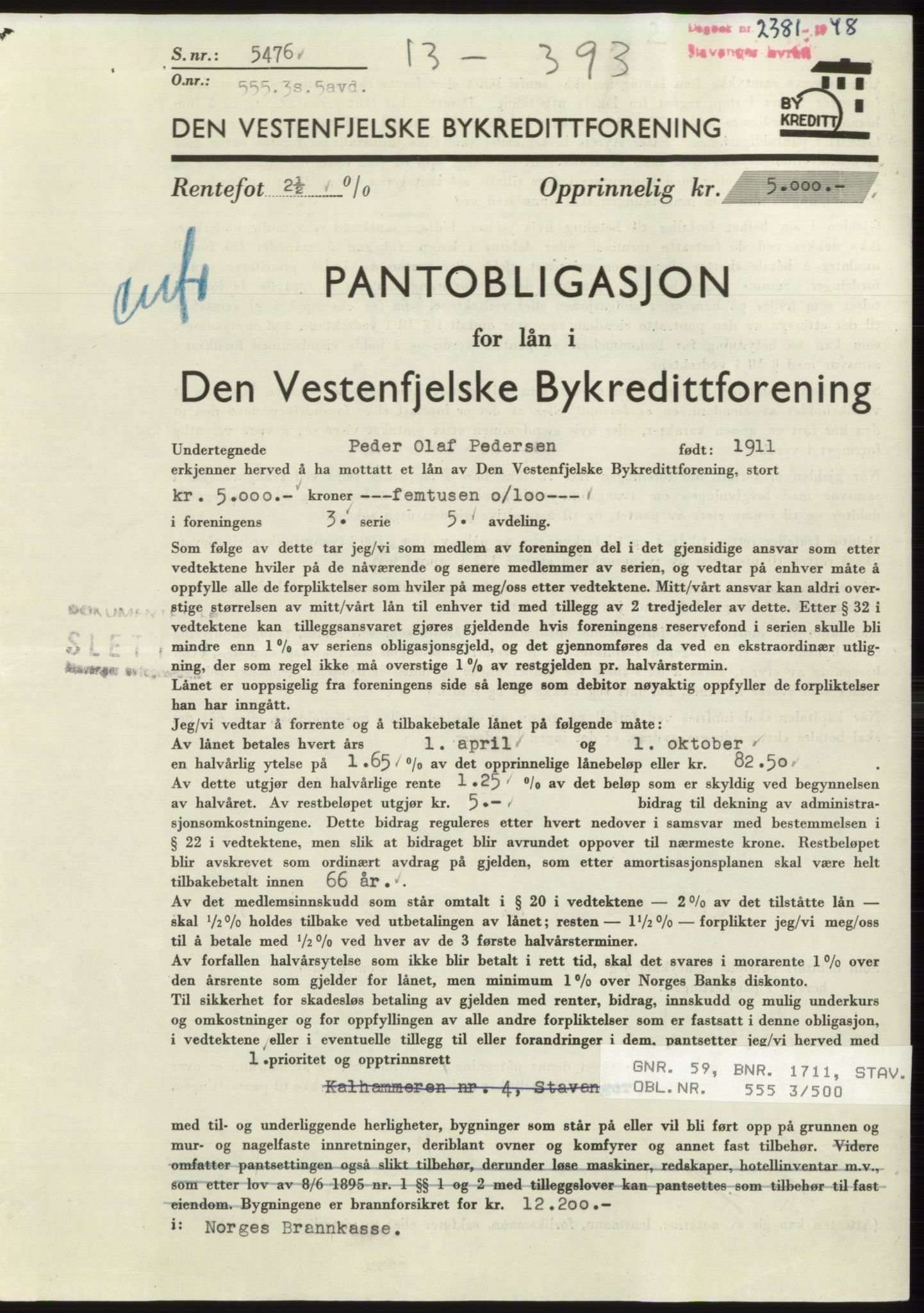 Stavanger byrett, SAST/A-100455/002/G/Gb/L0032: Mortgage book, 1947-1950, Diary no: : 2381/1948