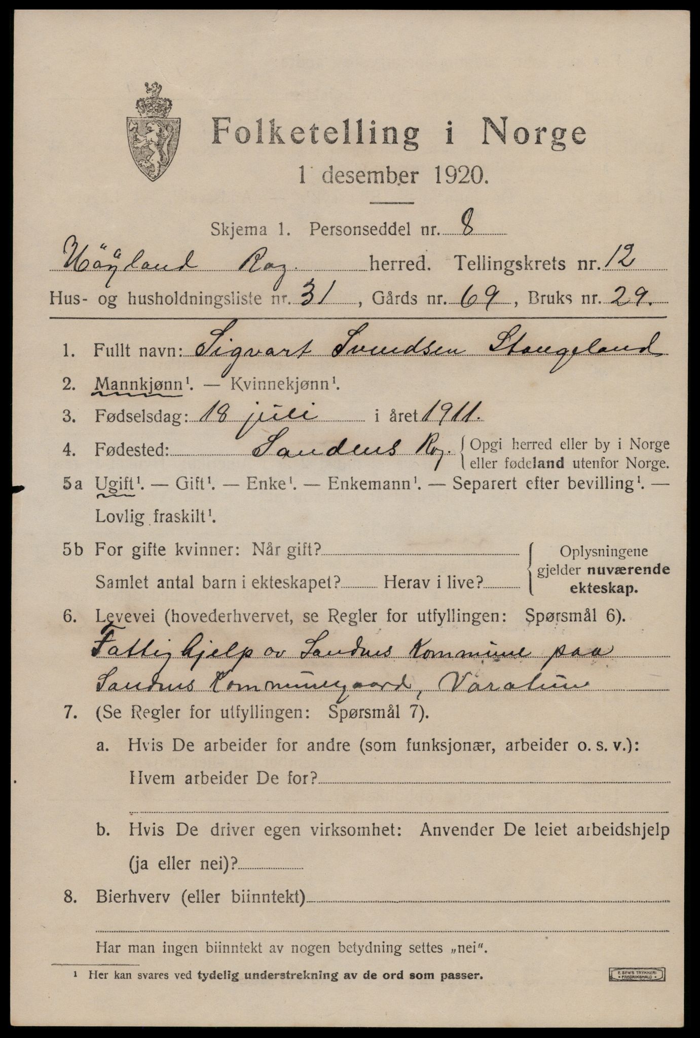 SAST, 1920 census for Høyland, 1920, p. 9716