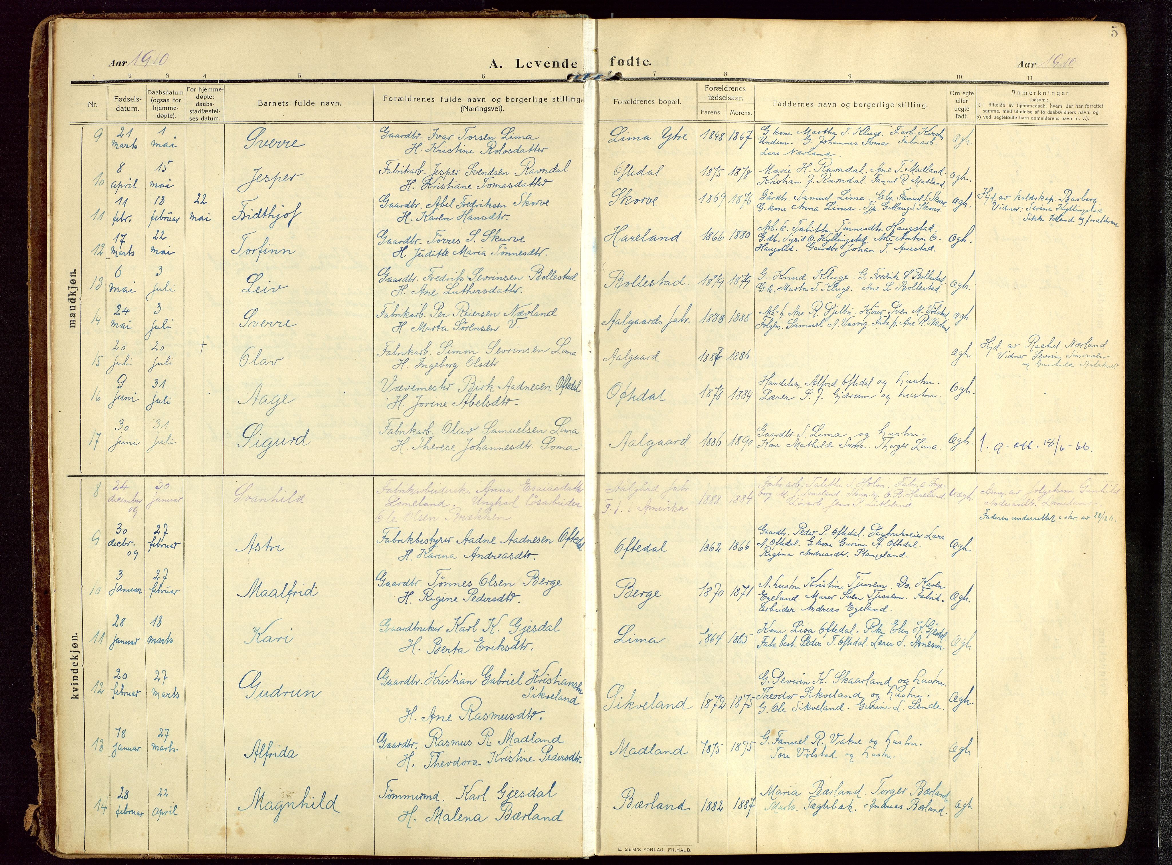 Lye sokneprestkontor, AV/SAST-A-101794/002/B/L0001: Parish register (official) no. A 13, 1910-1925, p. 5