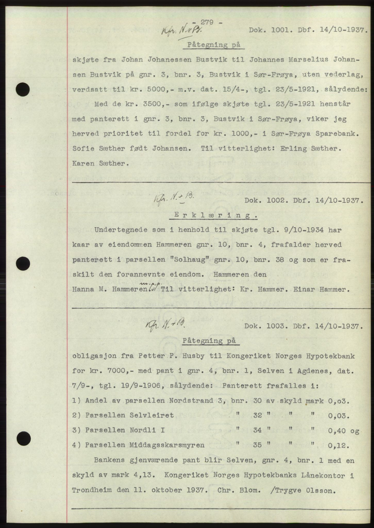 Hitra sorenskriveri, AV/SAT-A-0018/2/2C/2Ca: Mortgage book no. C1, 1936-1945, Diary no: : 1001/1937