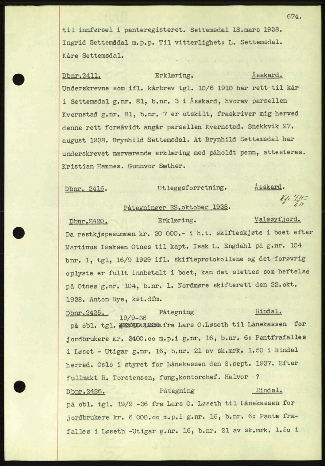 Nordmøre sorenskriveri, AV/SAT-A-4132/1/2/2Ca: Mortgage book no. C80, 1936-1939, Diary no: : 2411/1938