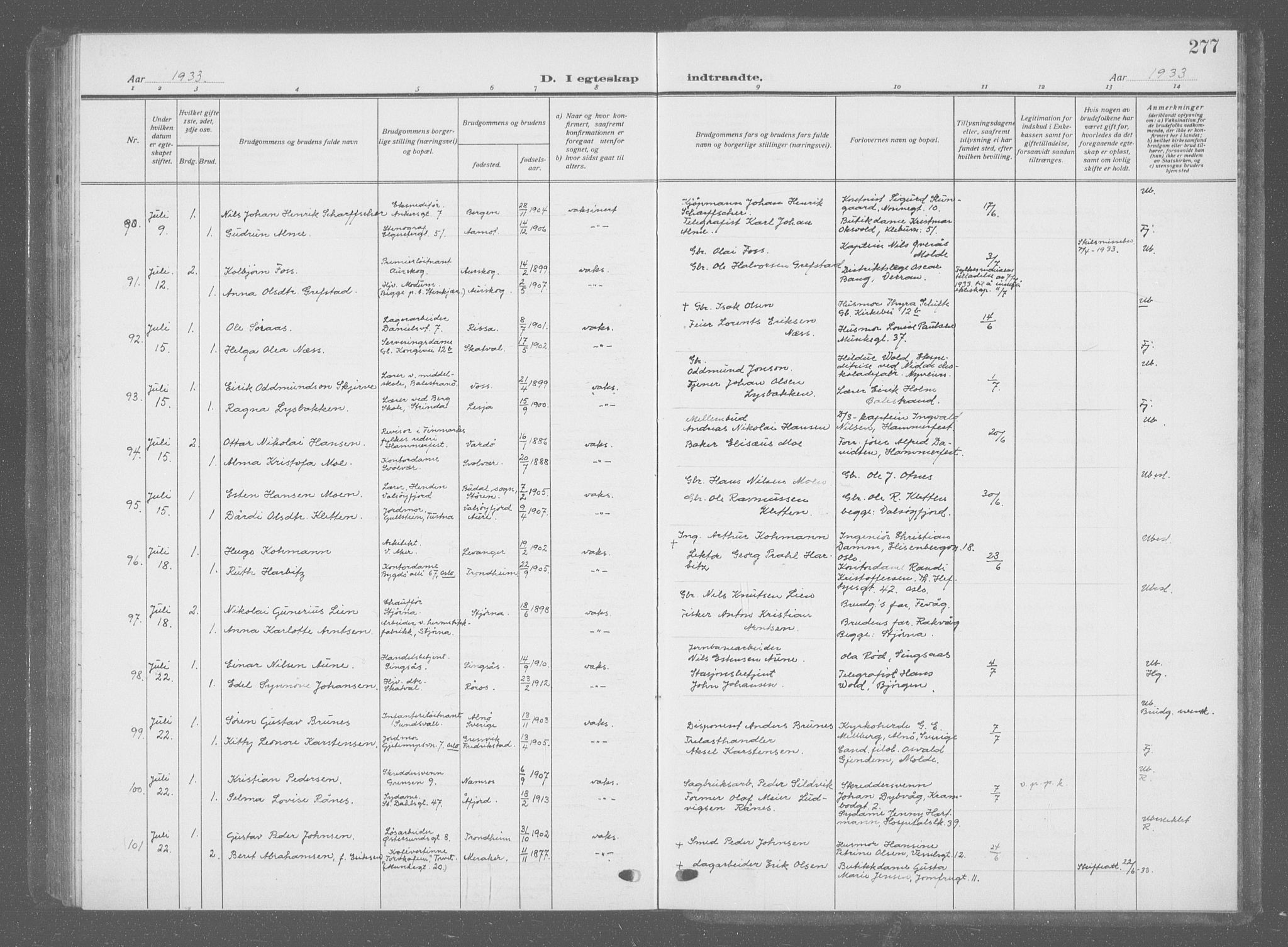 Ministerialprotokoller, klokkerbøker og fødselsregistre - Sør-Trøndelag, SAT/A-1456/601/L0098: Parish register (copy) no. 601C16, 1921-1934, p. 277