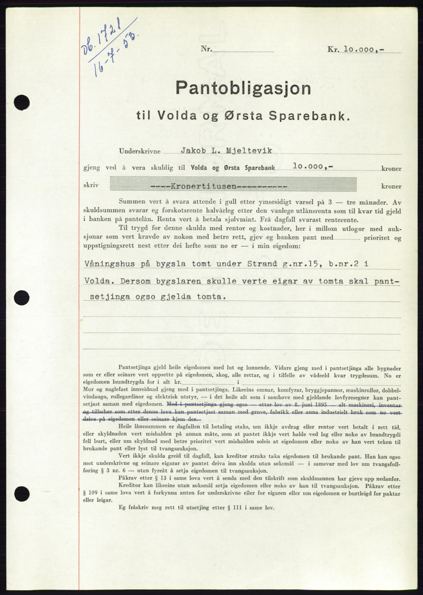 Søre Sunnmøre sorenskriveri, AV/SAT-A-4122/1/2/2C/L0123: Mortgage book no. 11B, 1953-1953, Diary no: : 1721/1953