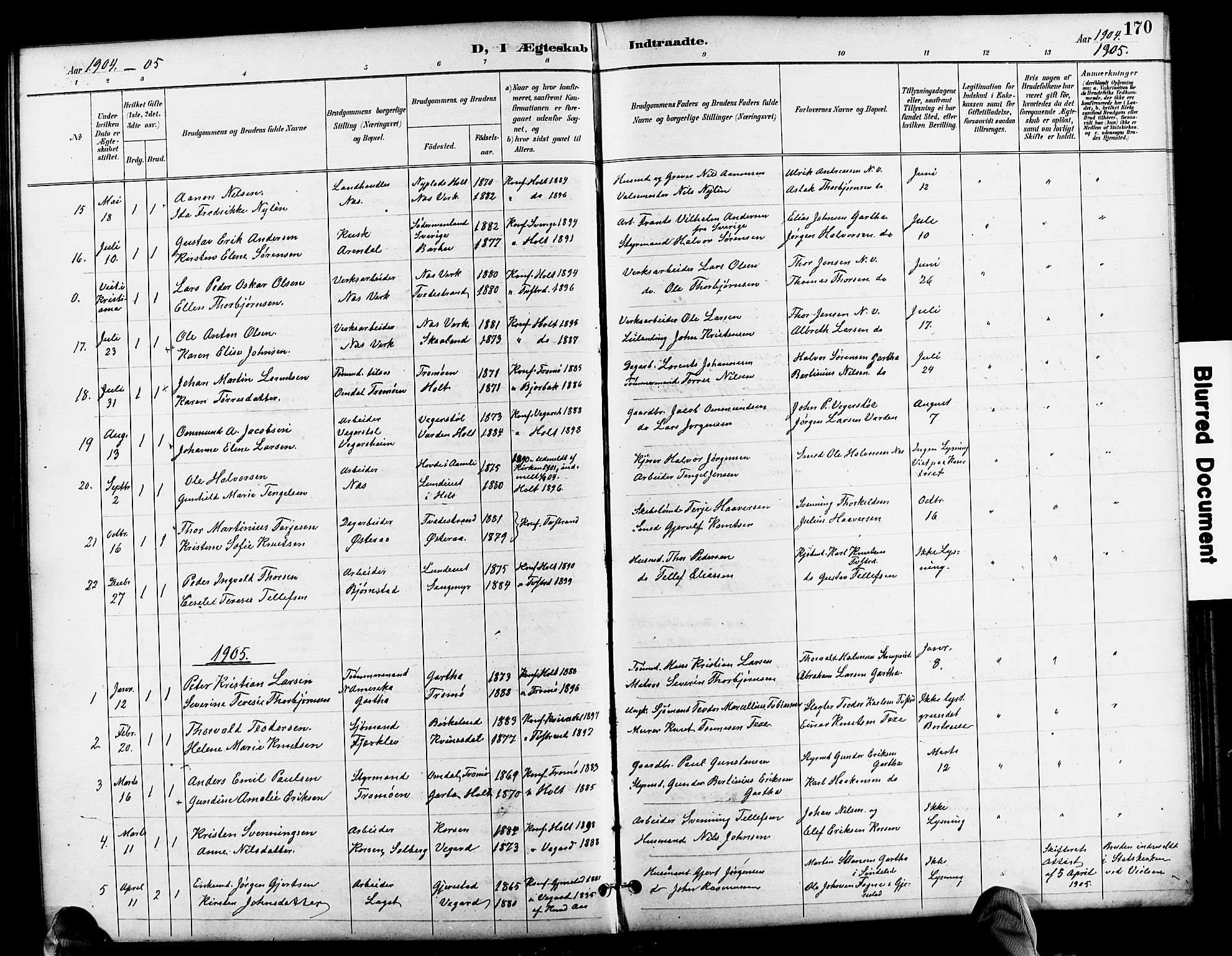 Holt sokneprestkontor, SAK/1111-0021/F/Fb/L0011: Parish register (copy) no. B 11, 1897-1921, p. 170