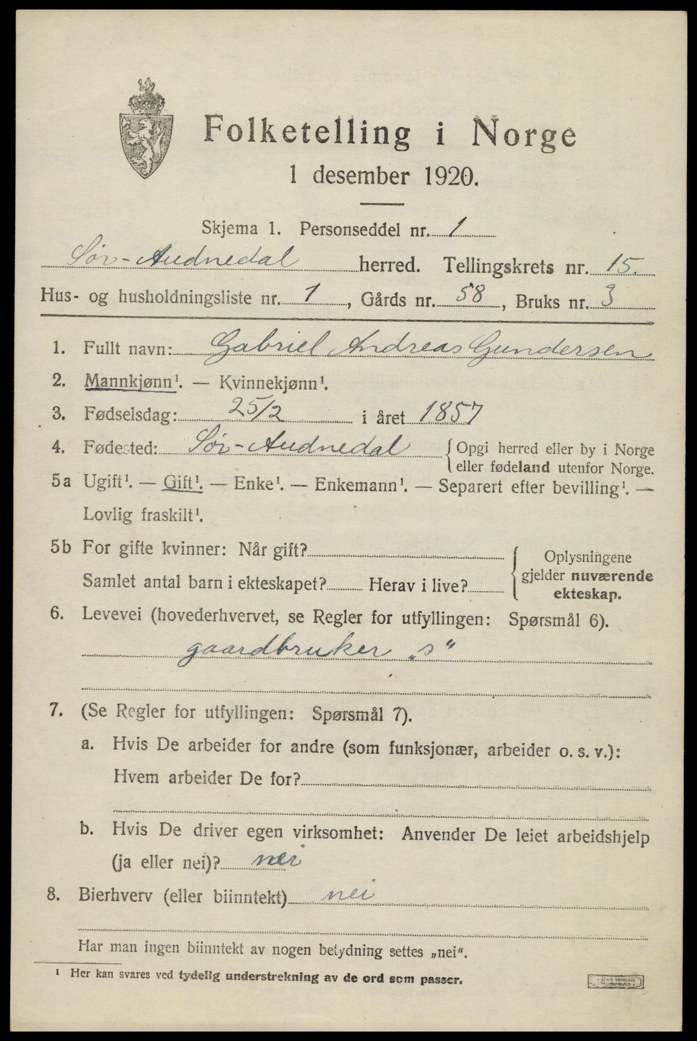 SAK, 1920 census for Sør-Audnedal, 1920, p. 5719